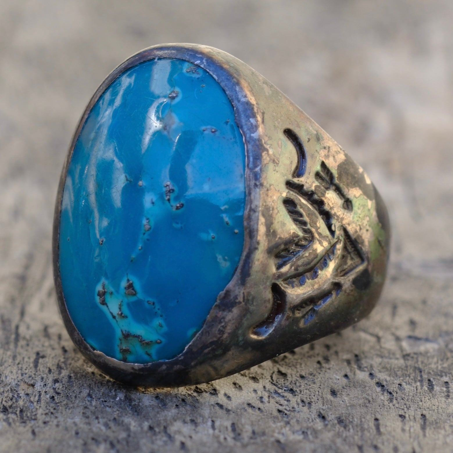 Vintage Sterling Turquoise Stamped V Bells Trading Post Ring 8.75
