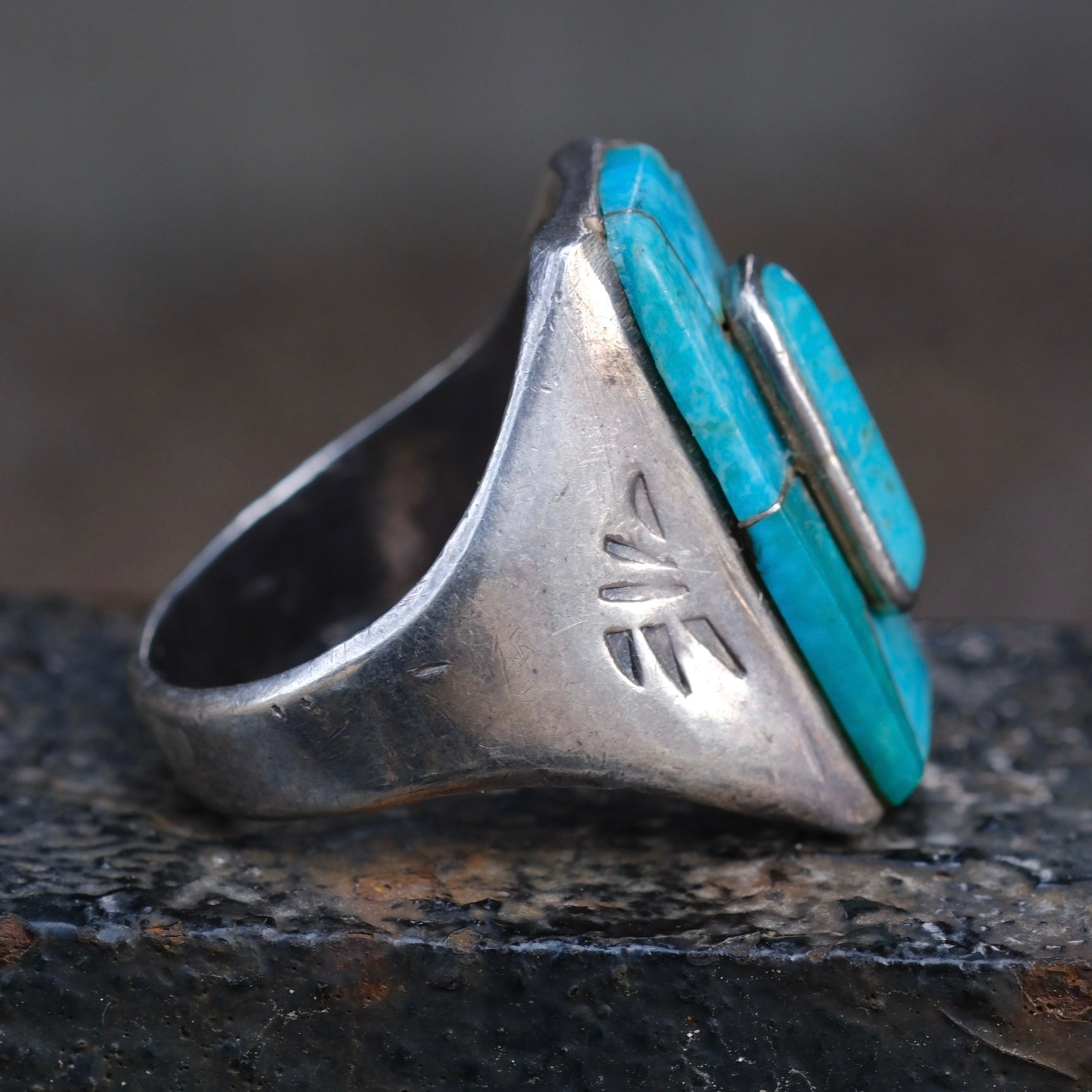 Vintage Sterling Turquoise Inlay Stamped Band Ring 14.25