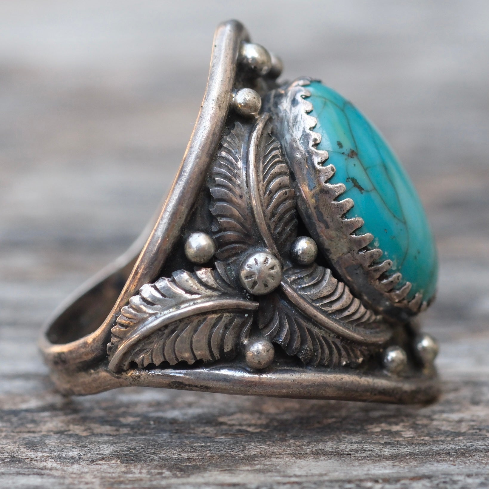 Vintage Sterling Turquoise Feather Ring 11.25