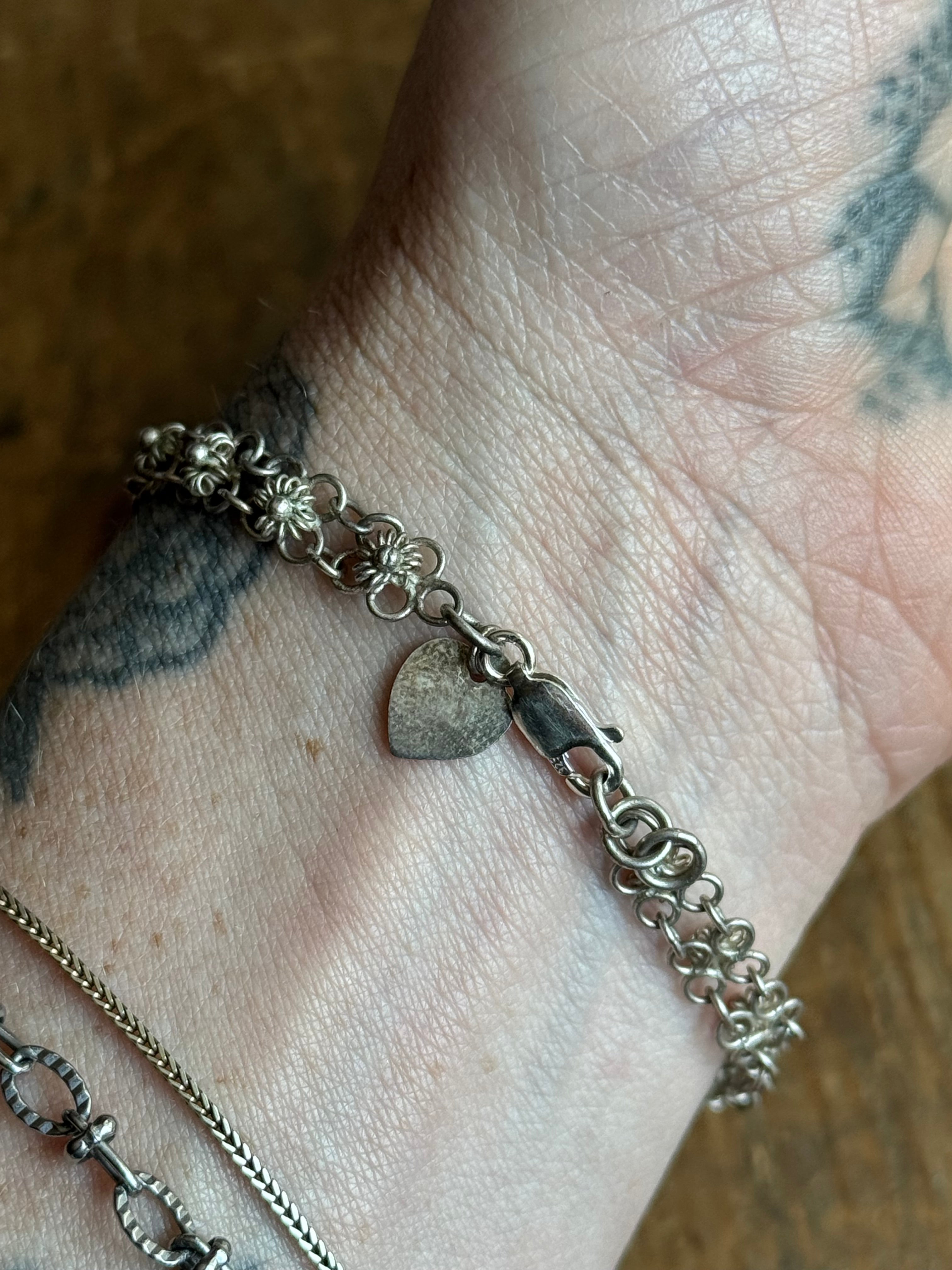 Vintage Sterling Silver 6.75” Flower Link Chain Bracelet