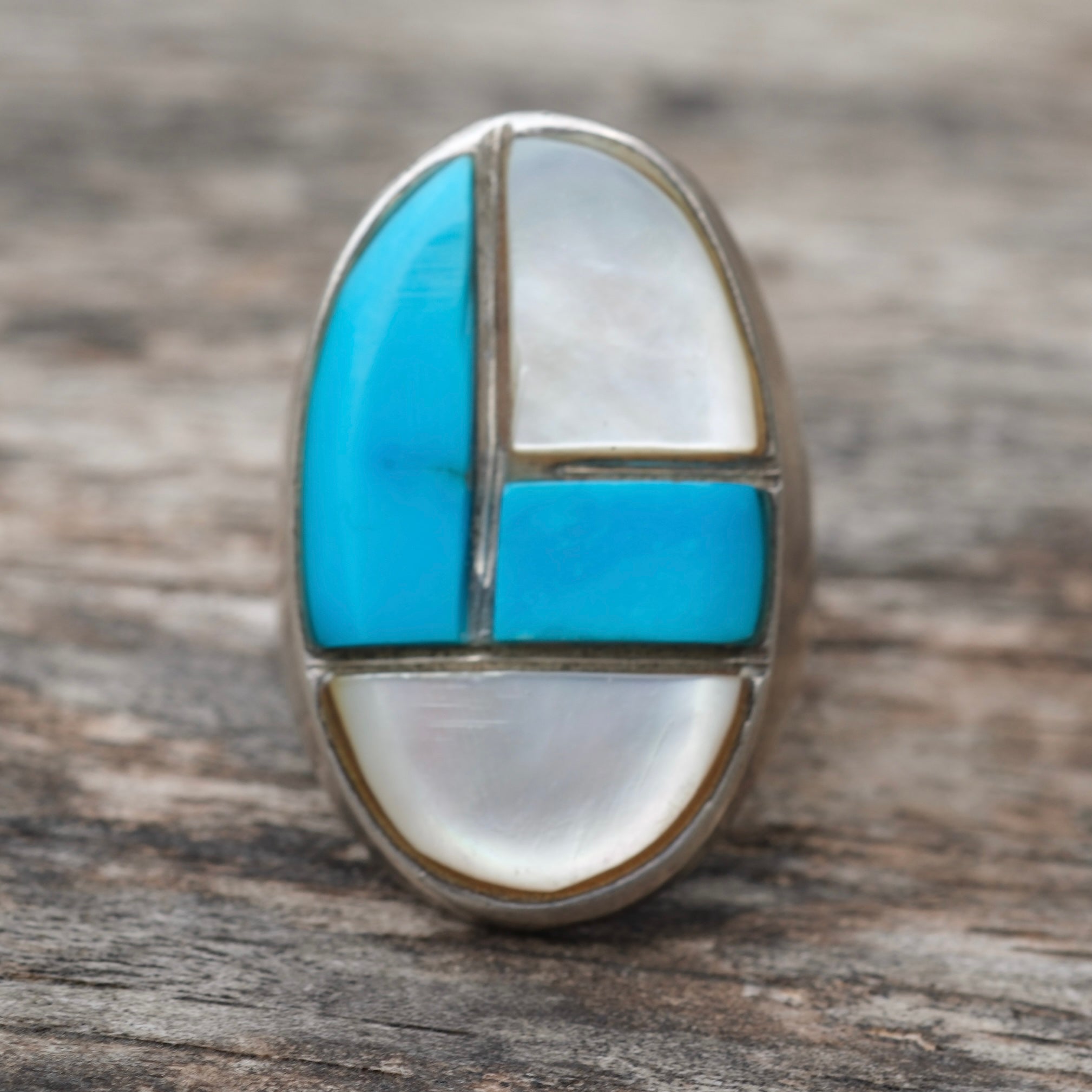 Vintage Sterling Turquoise and Mother Of Pearl Inlay Ring 8.25