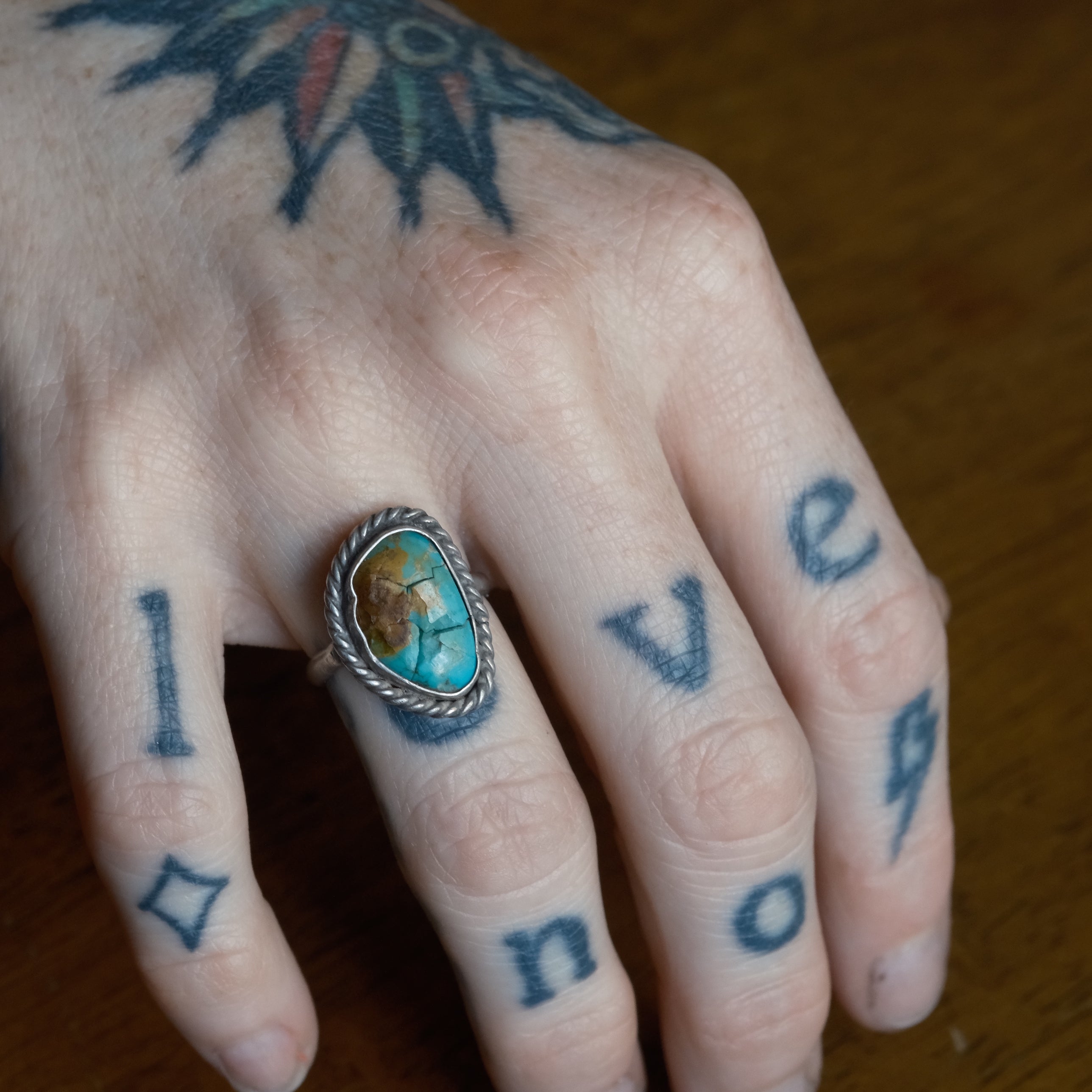 Vintage Sterling Turquoise Roper Ring 5.75