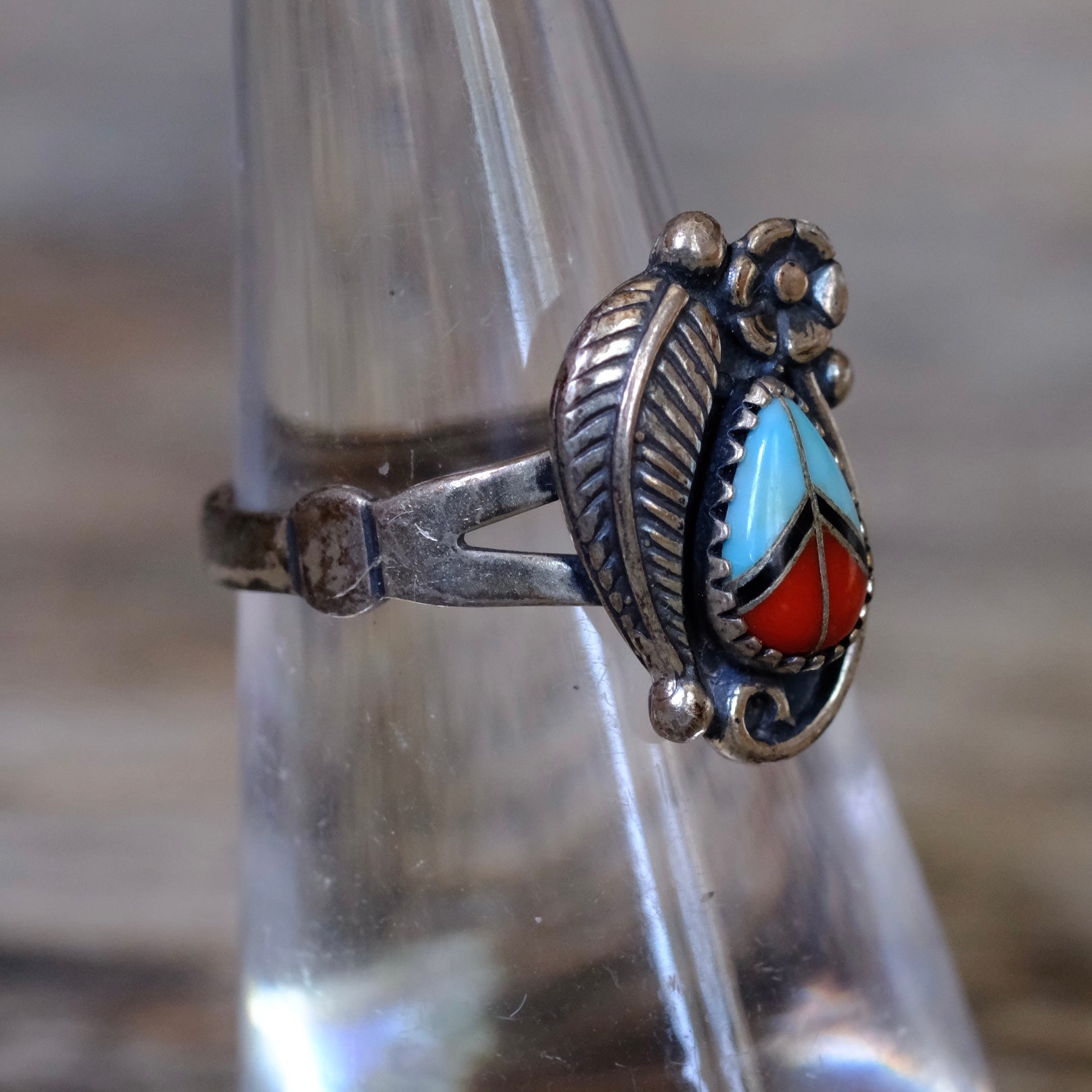 Vintage Sterling Inlay Feather Ring 6.25