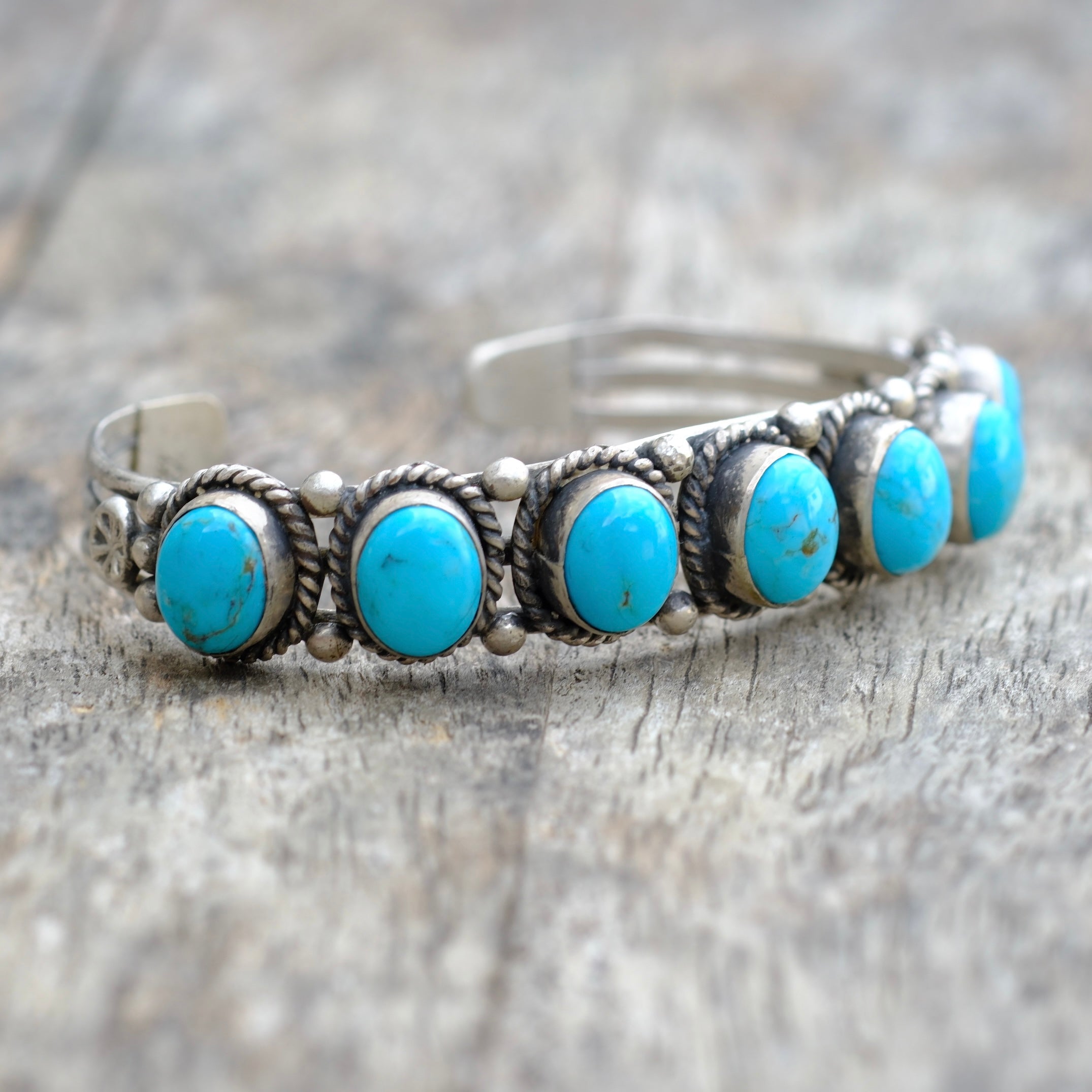 Vintage Sterling 7-Stone Turquoise Cuff Bracelet Running Bear