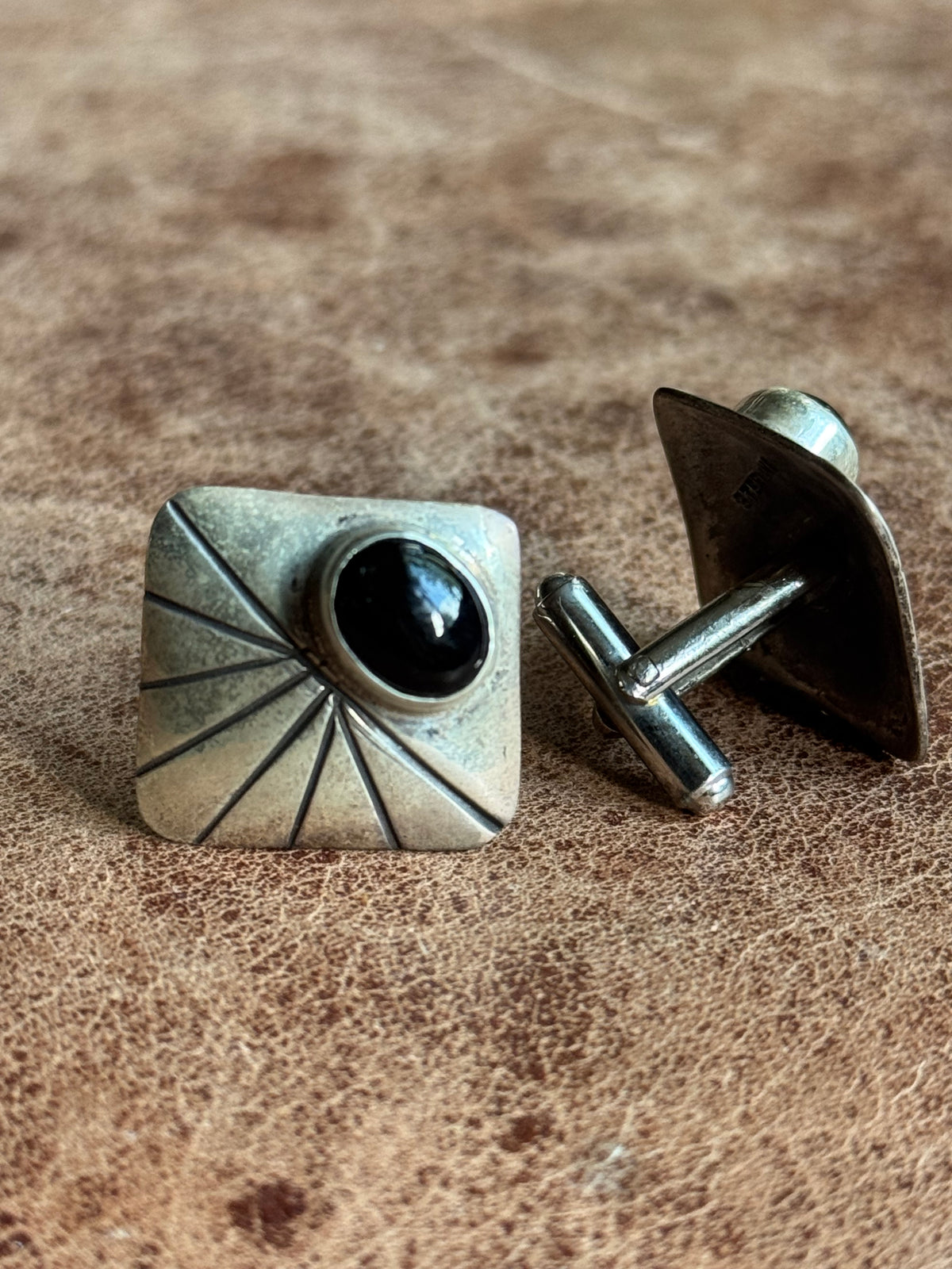 Vintage Sterling Silver Stamped Onyx Square Cufflinks