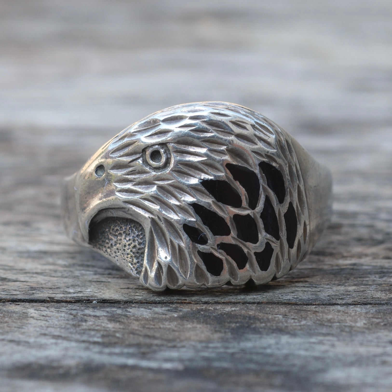 Vintage Sterling Onyx Eagle Ring 9.75