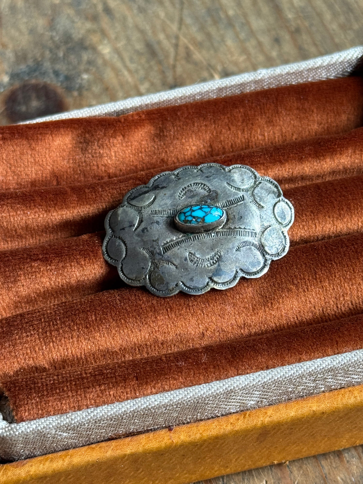 Vintage Sterling Silver Turquoise Stamped Concho Pin