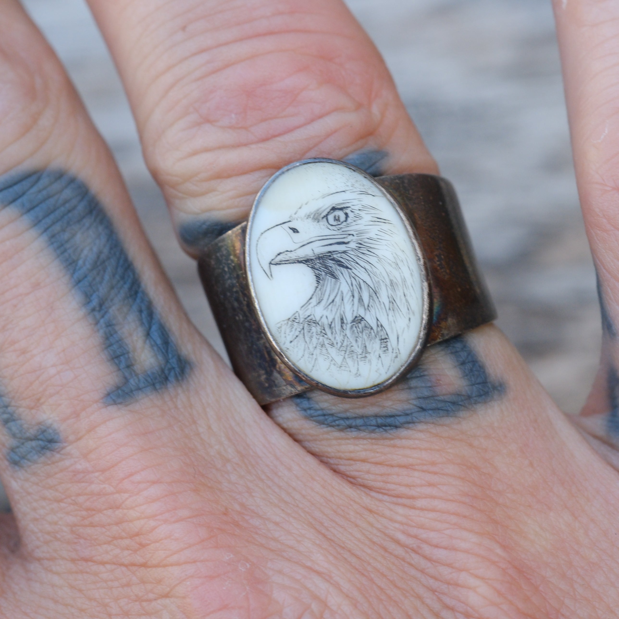 Vintage Sterling Scrimshaw Eagle Ring 6