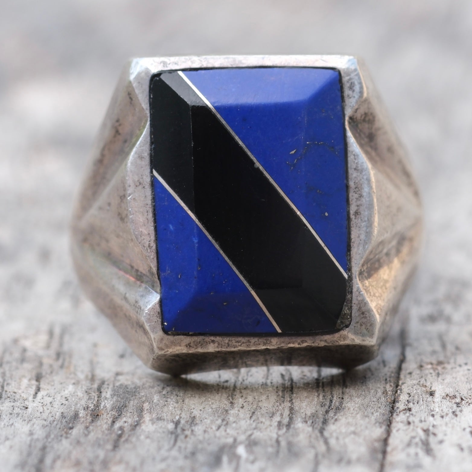Vintage Sterling Lapis and Onyx Inlay Ring 11.5