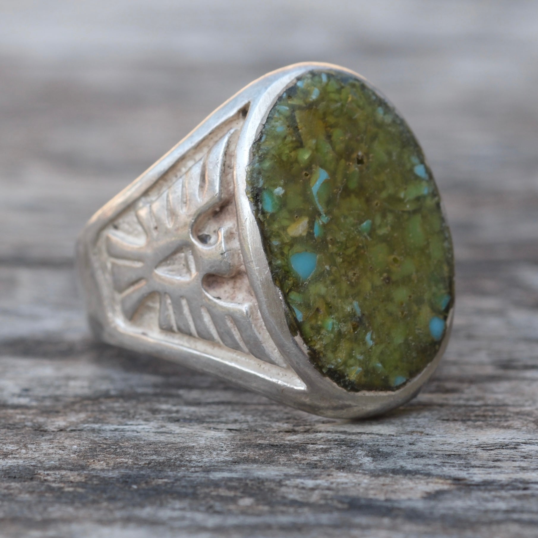 Vintage Sterling Crushed Turquoise Thunderbird Ring 9.5