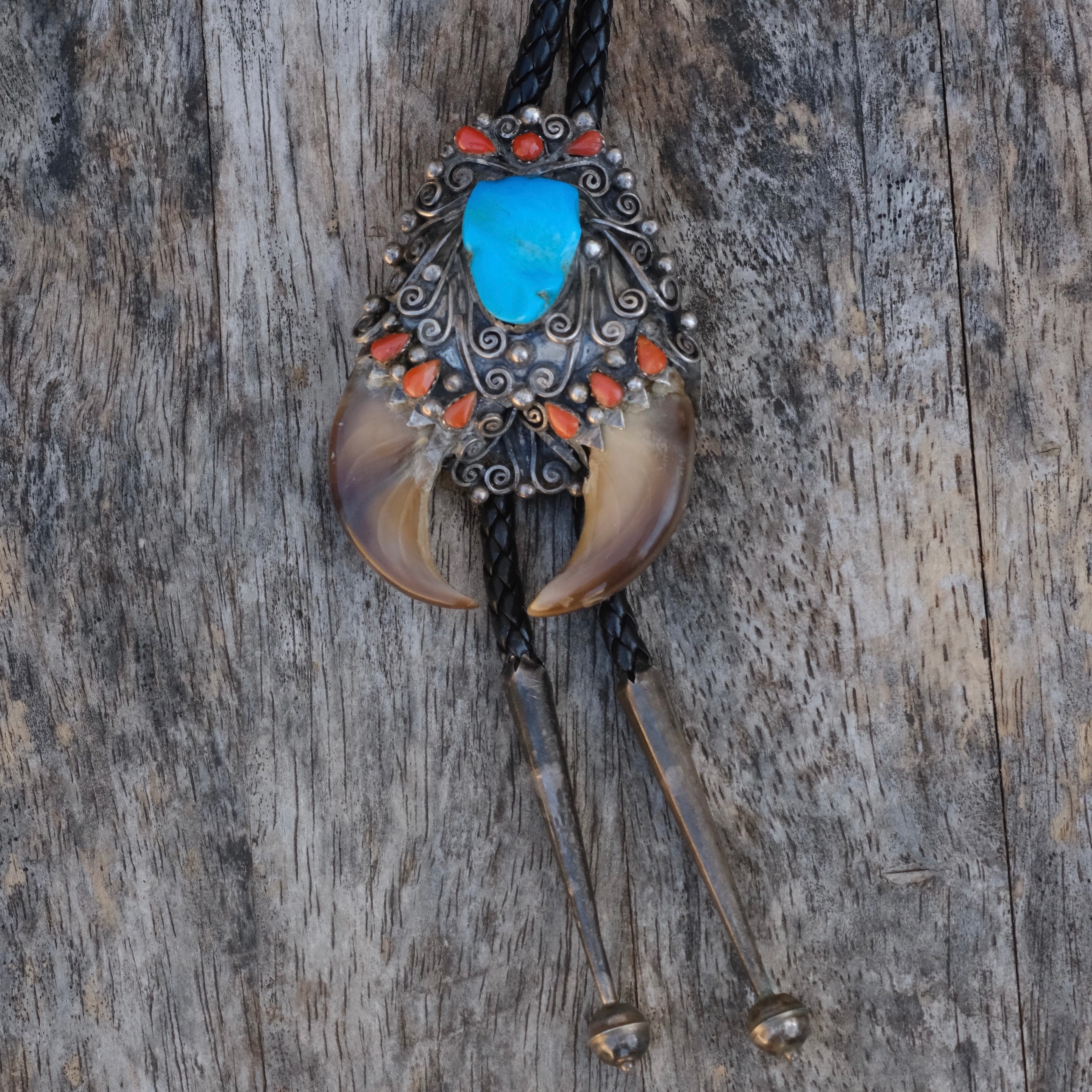 Vintage Sterling Turquoise and Coral Double Bear Claw Bolo TIe
