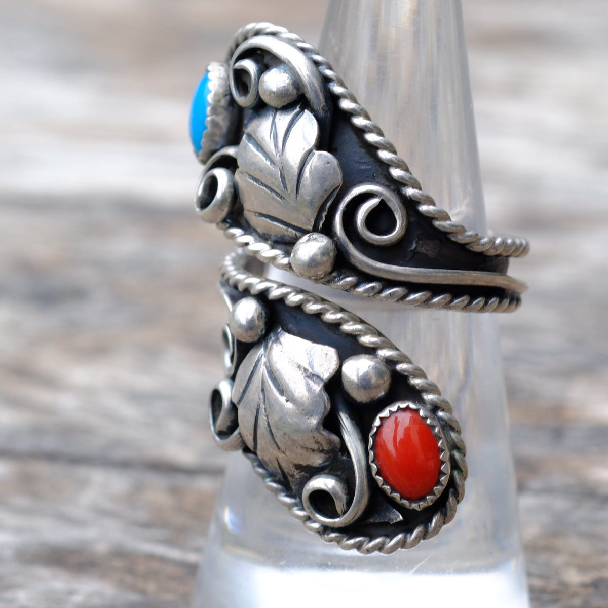 Vintage Sterling Turquoise and Coral Overpass Ring 6.5