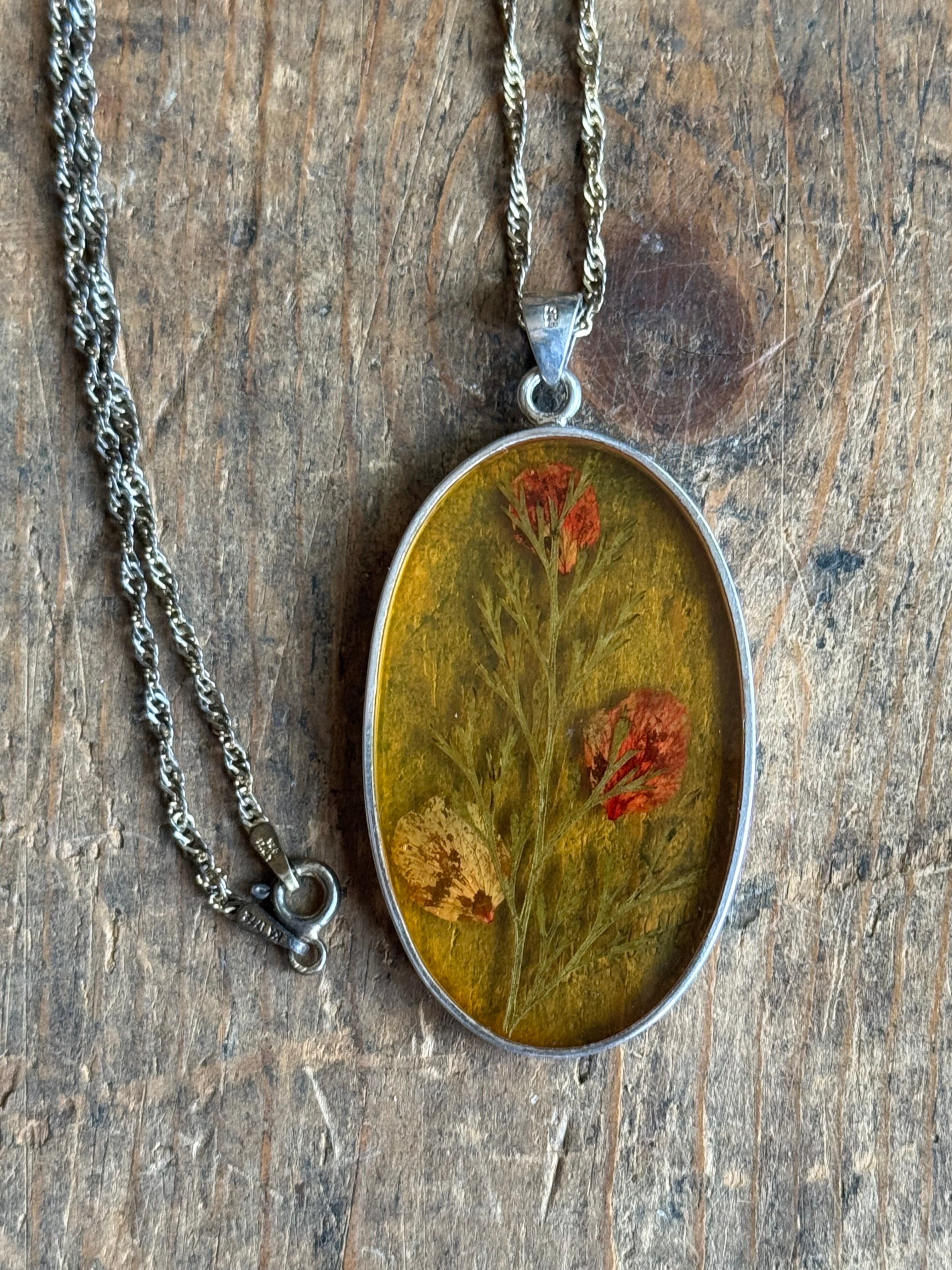 Vintage Sterling Silver Resin Pressed Flower Necklace