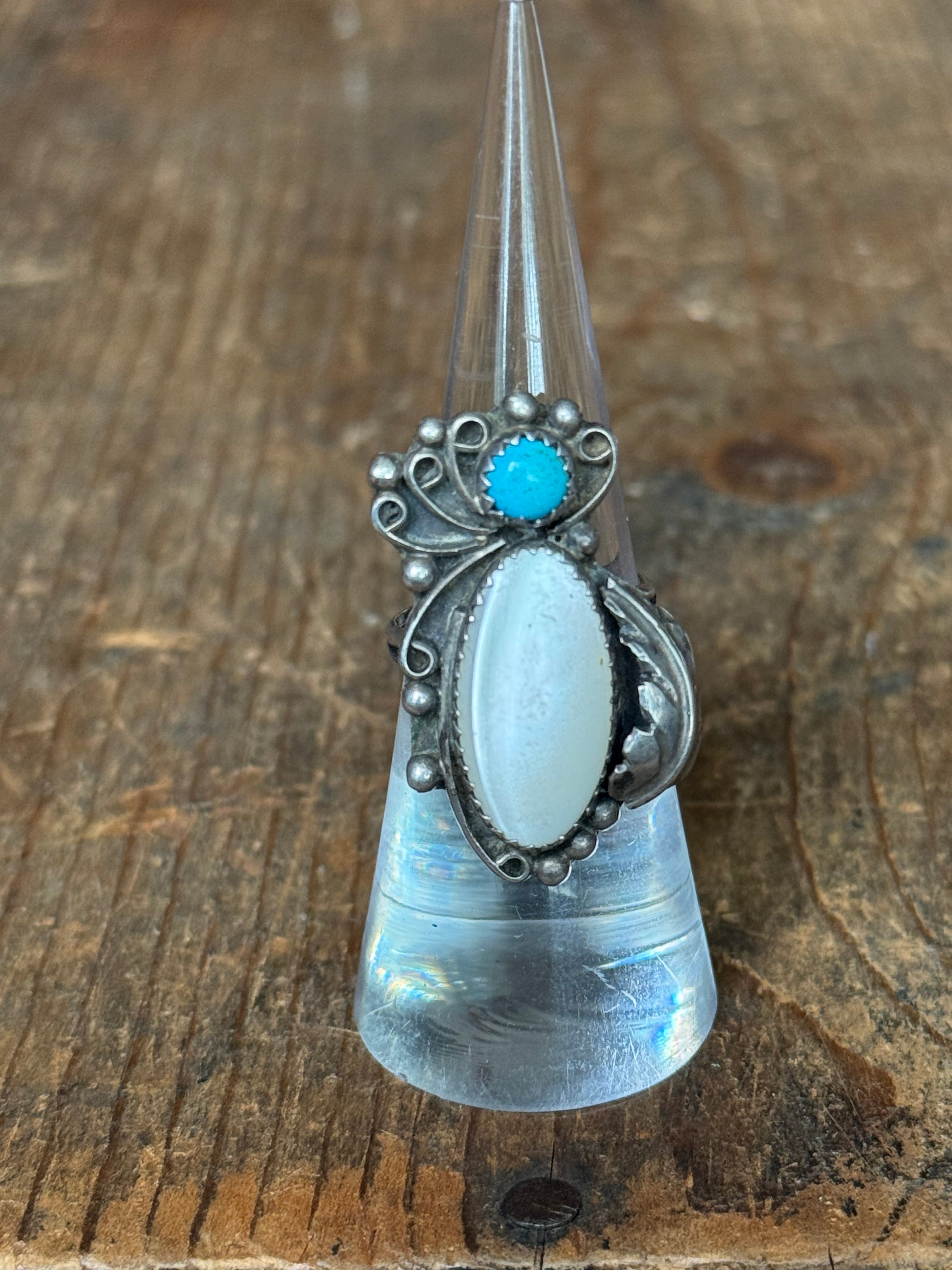 Vintage Sterling Silver Mother of Pearl Turquoise Feather Ring 6