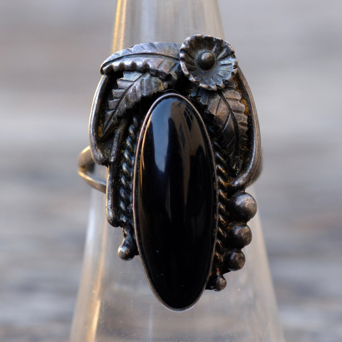 Vintage Sterling Onyx Feather Ring 6.5