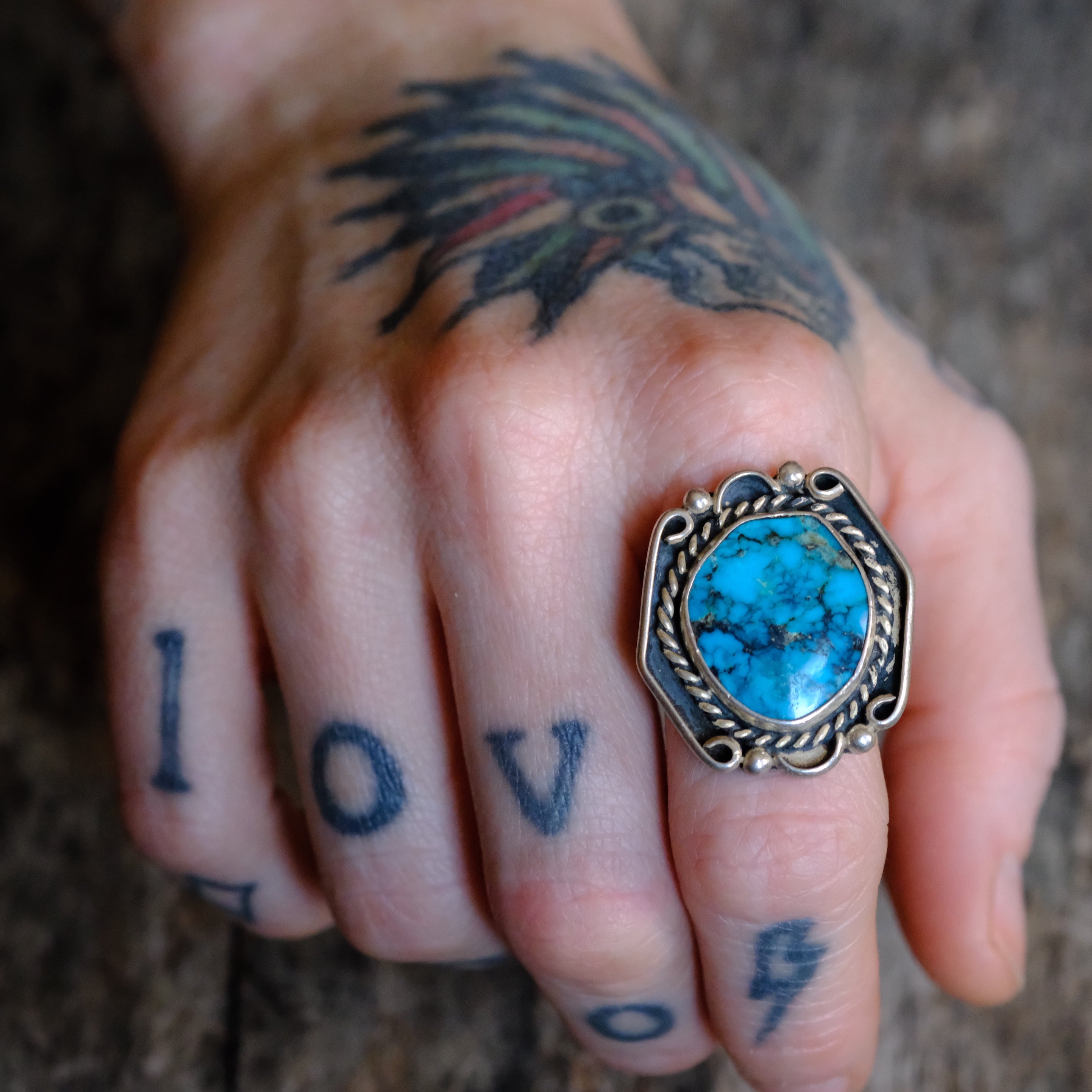 Vintage Sterling Turquoise Roper Ring 8.5