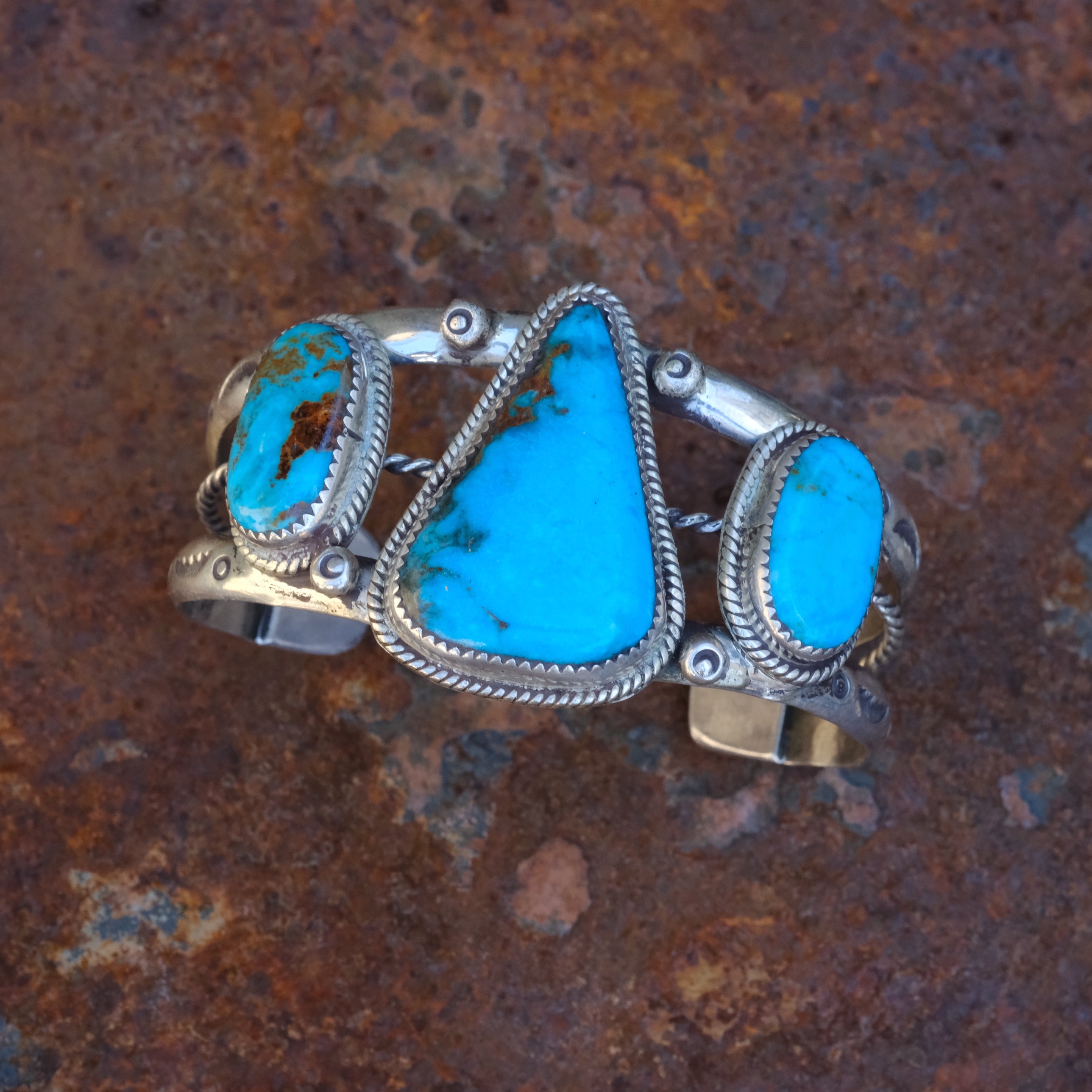 Huge Vintage Sterling 3-Stone Turquoise Cuff Bracelet