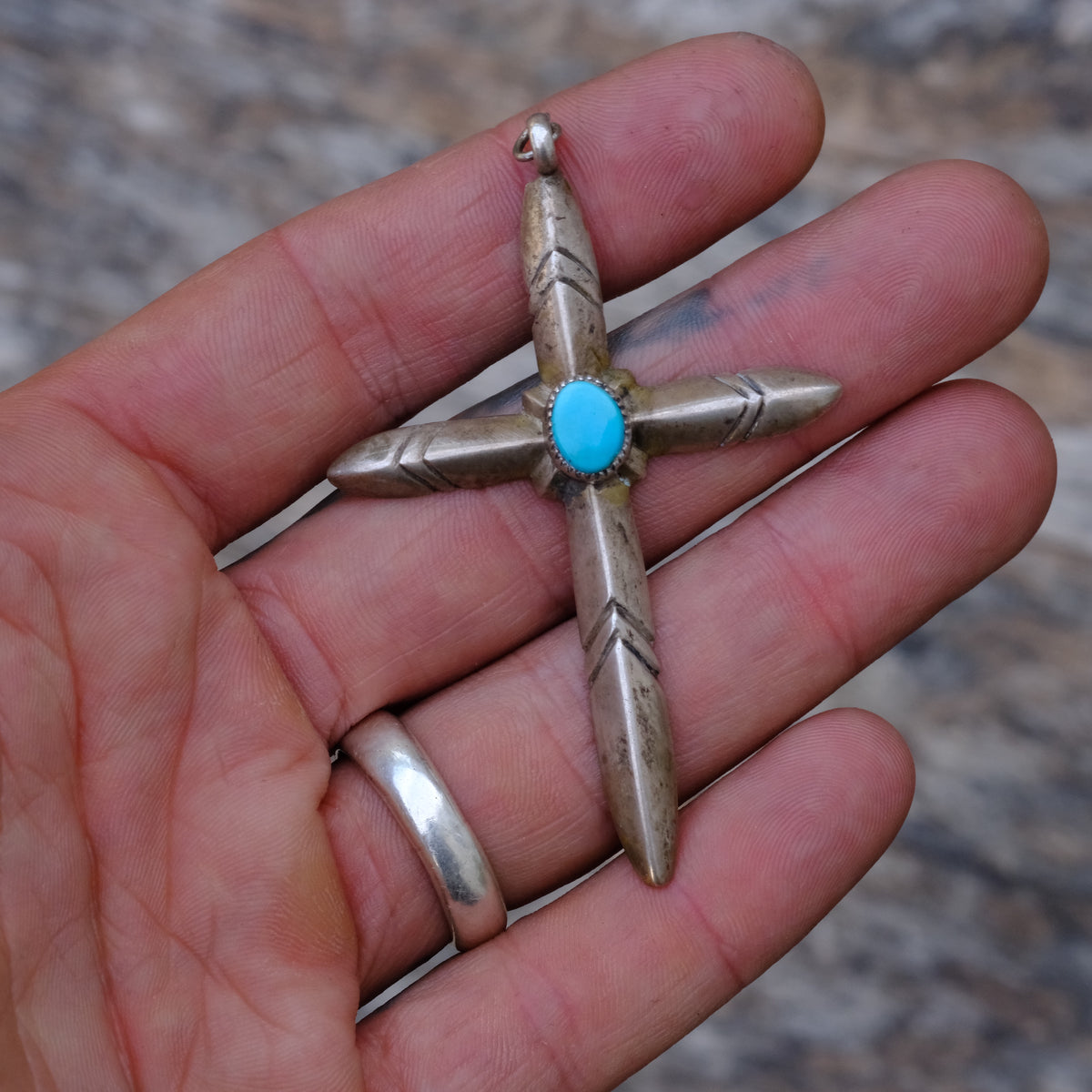 Vintage Sterling Turquoise Sandcast Cross Pendant