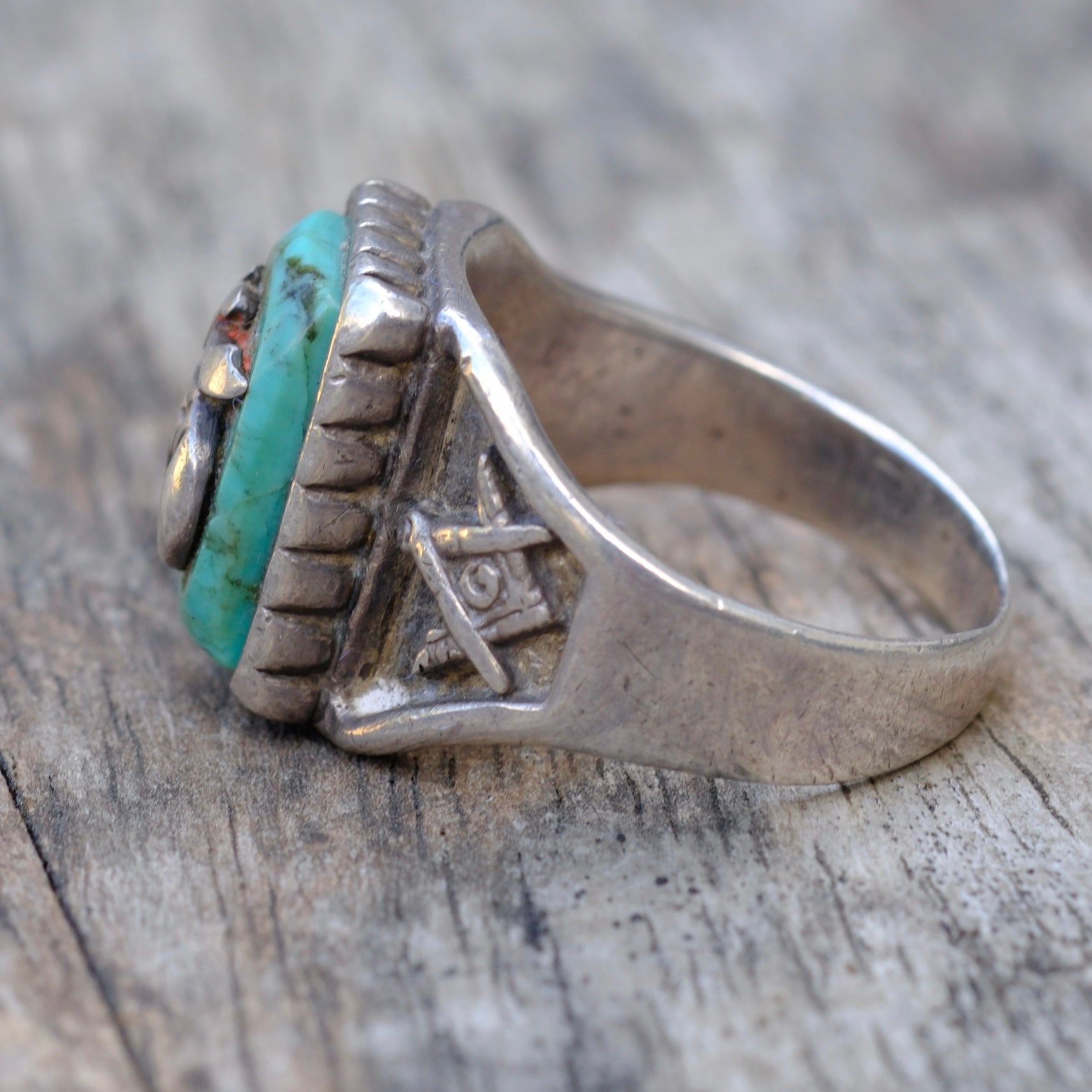 Vintage Sterling Turquoise Masonic Signet Ring 11