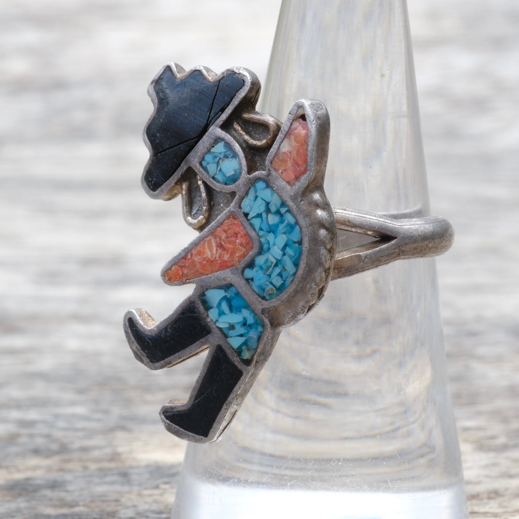 Vintage Sterling Turquoise and Coral Inlay Dancer Ring 7