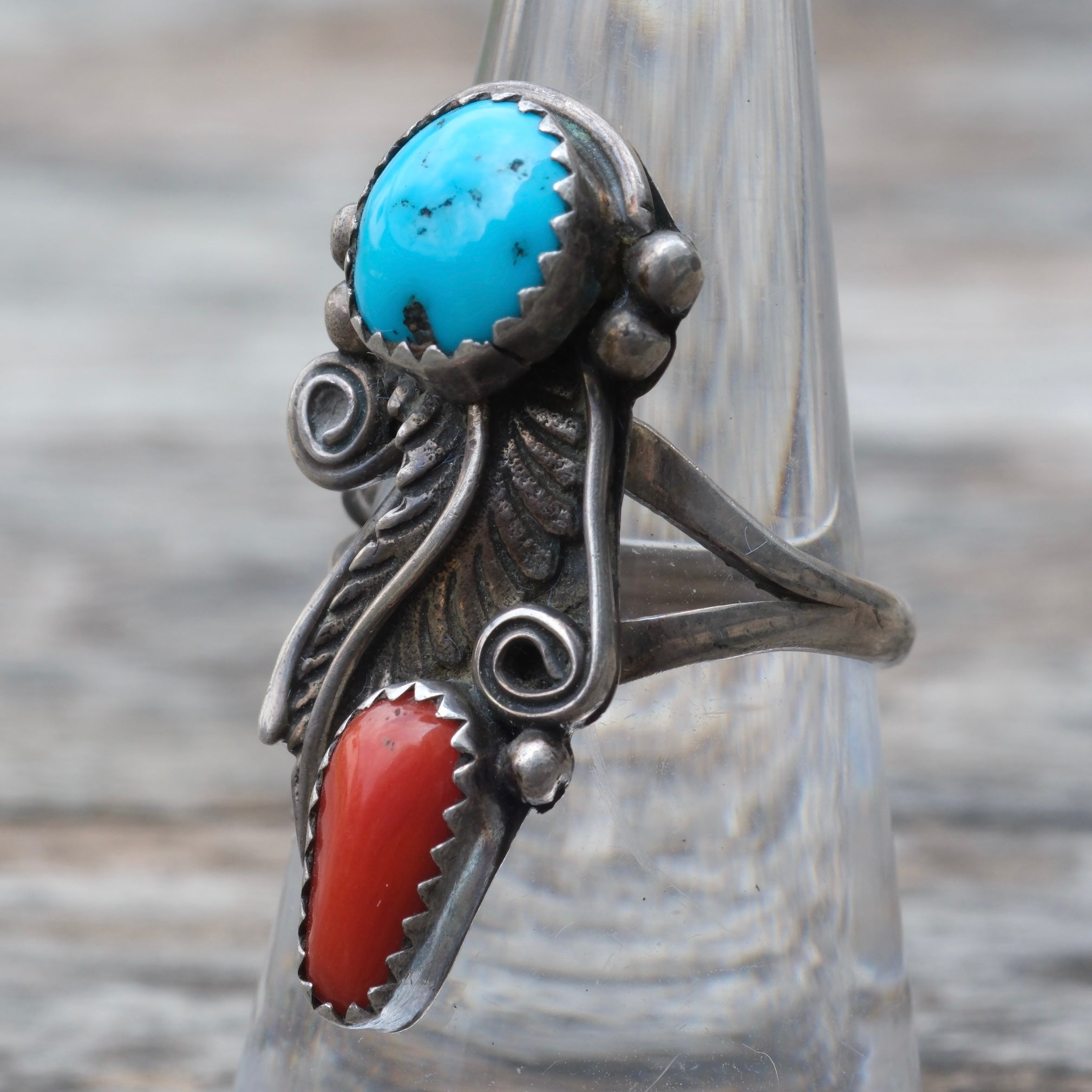 Vintage Sterling Turquoise and Coral Feather Ring 6.75
