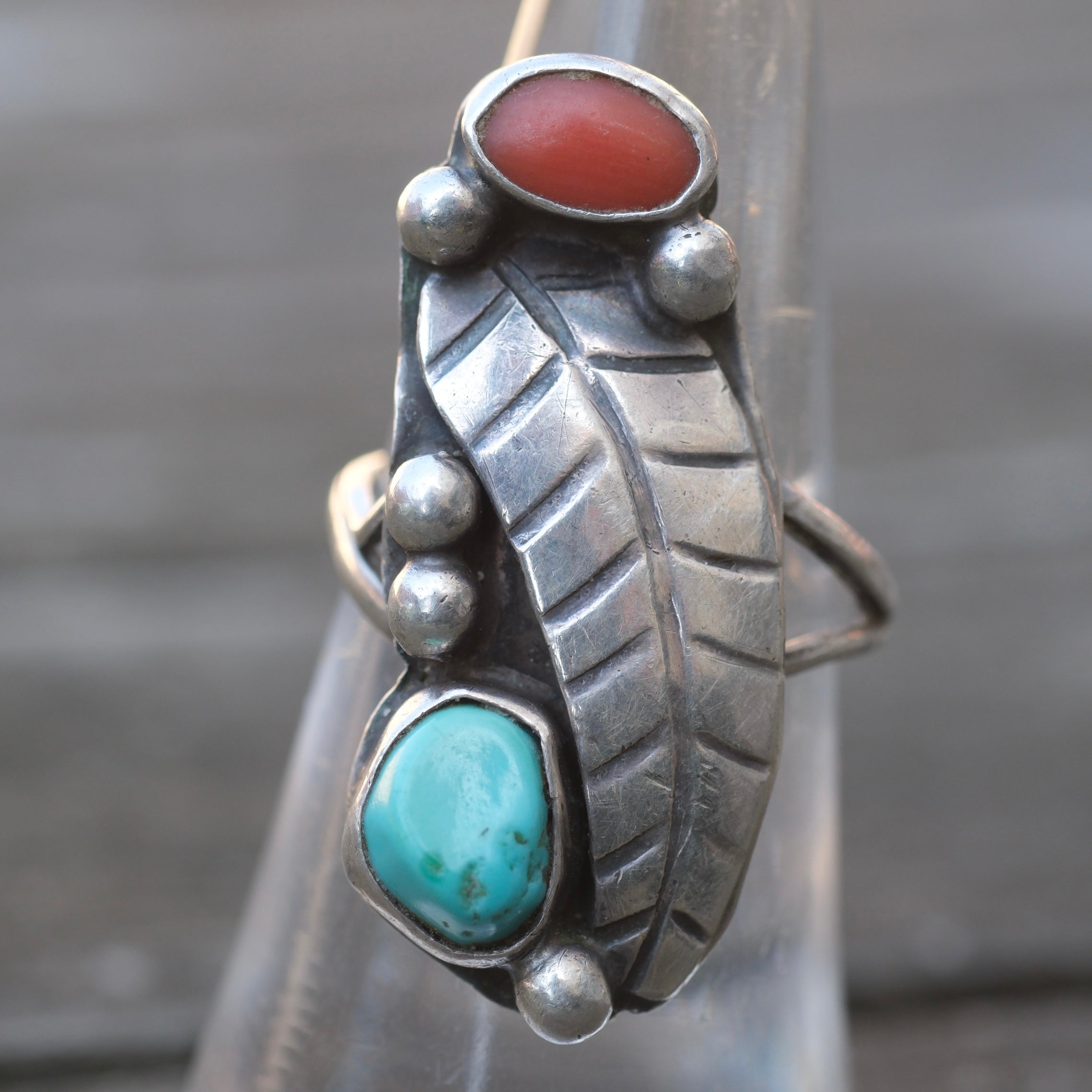 Vintage Sterling Turquoise and Coral Feather Ring 5.75