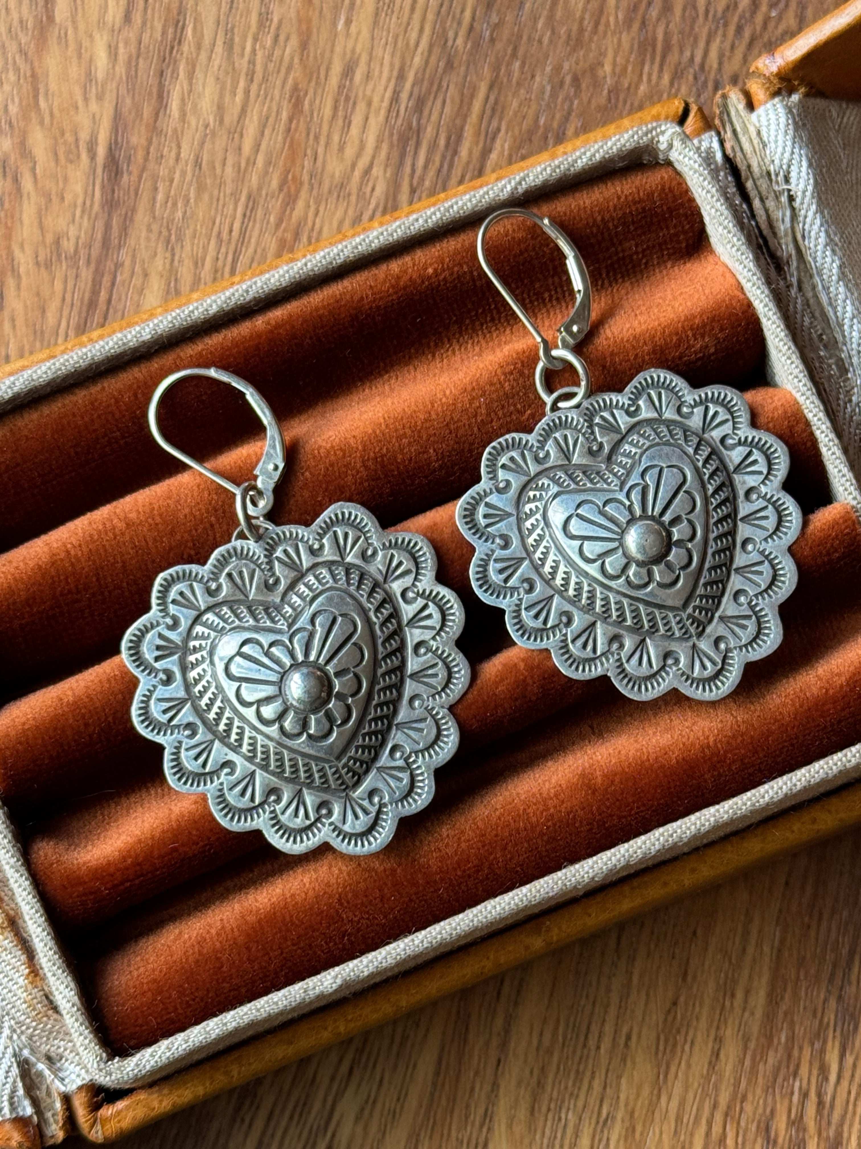 Vintage Sterling Silver Heart Concho Earrings