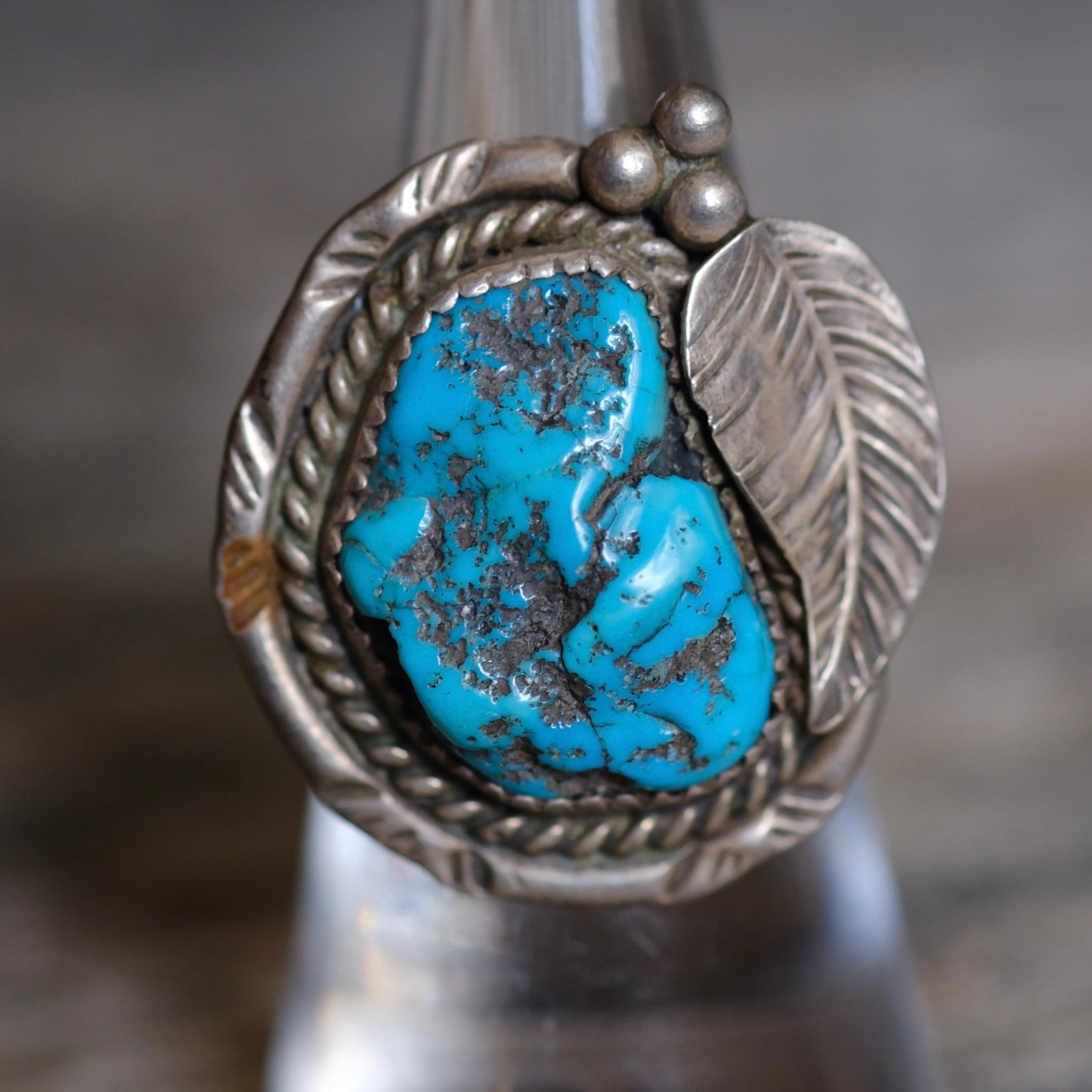 Vintage Sterling Chunky Turquoise Feather Ring 6.75