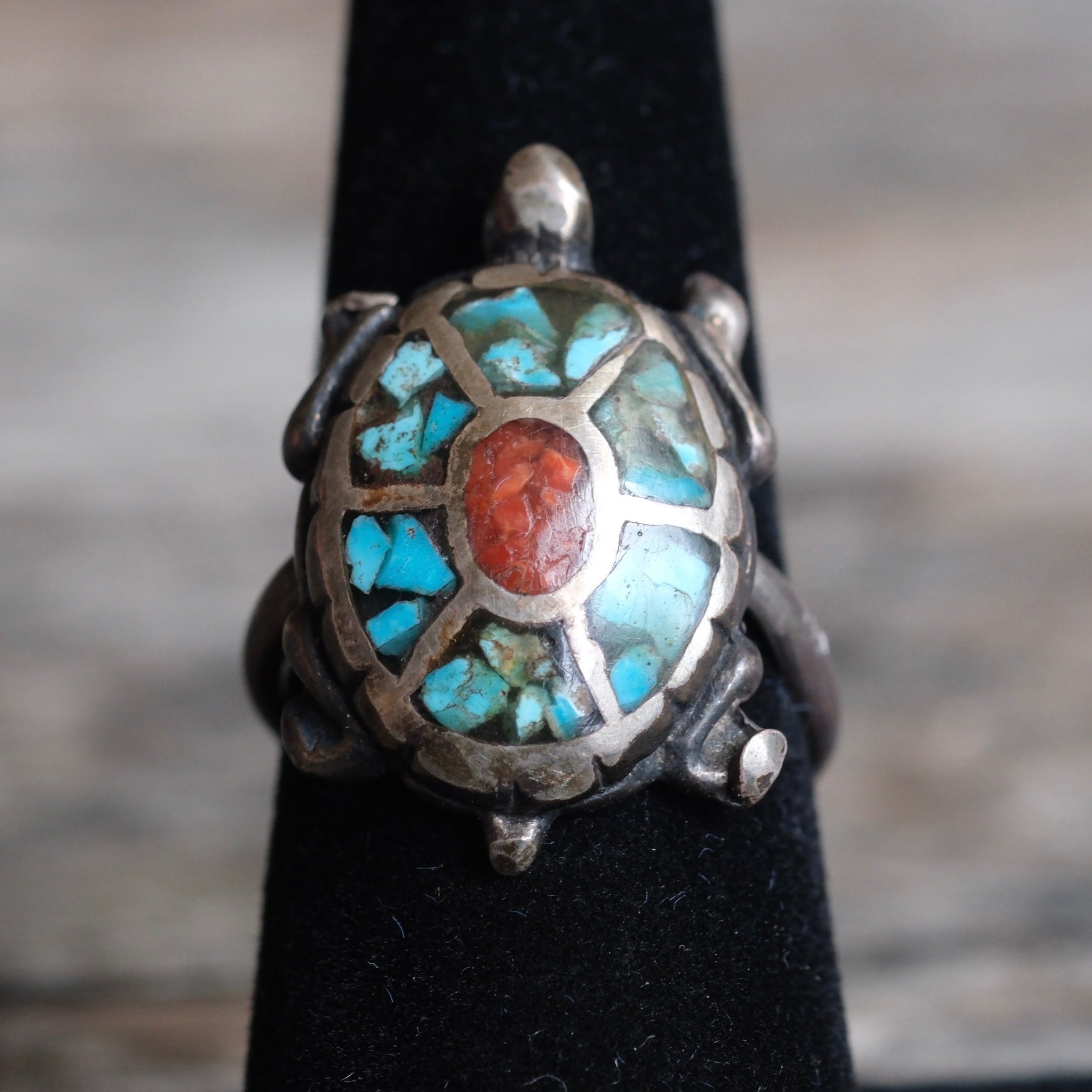 Vintage Sterling Turquoise and Coral Inlay Turtle Ring 7.25
