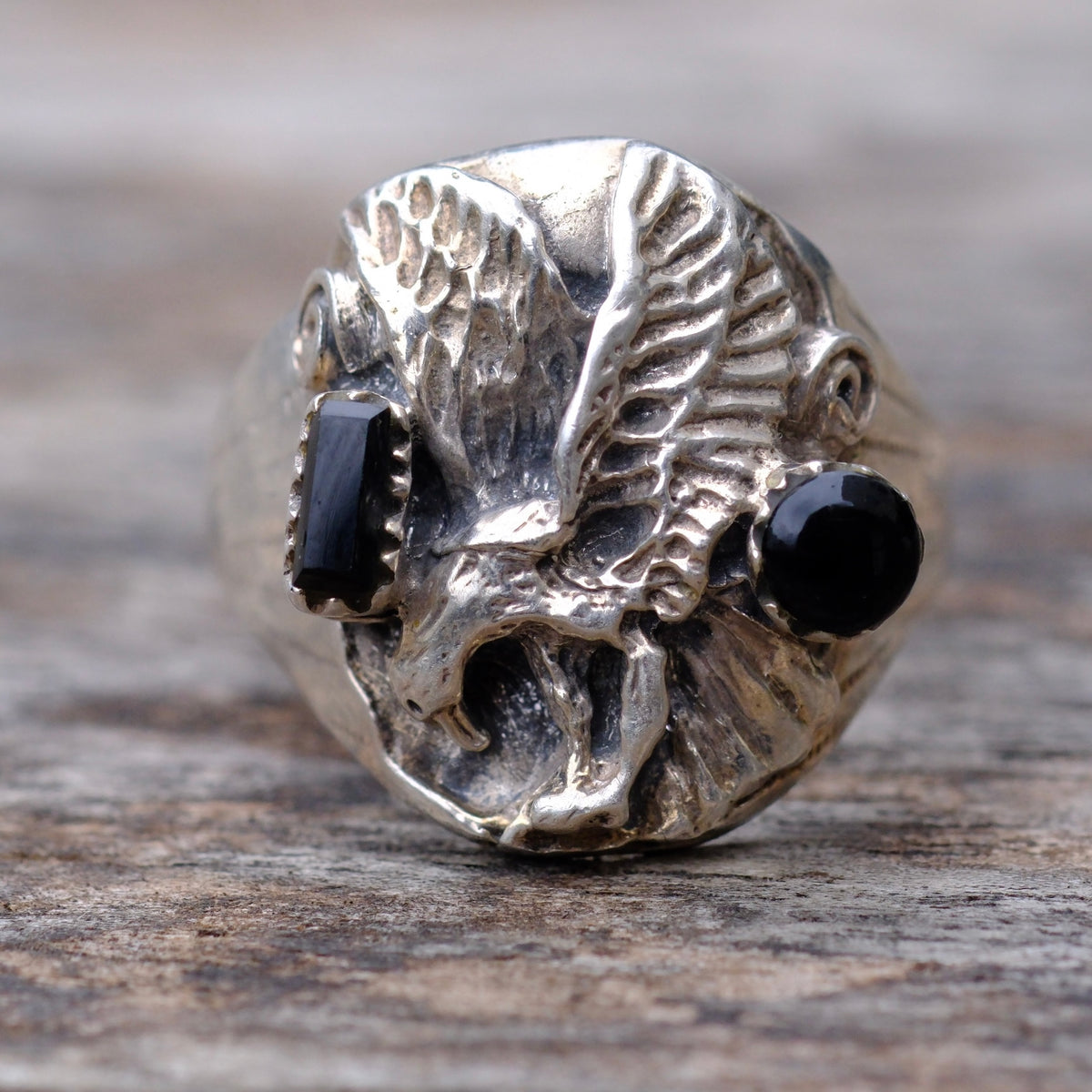 Vintage Sterling Onyx Eagle Ring 12.5