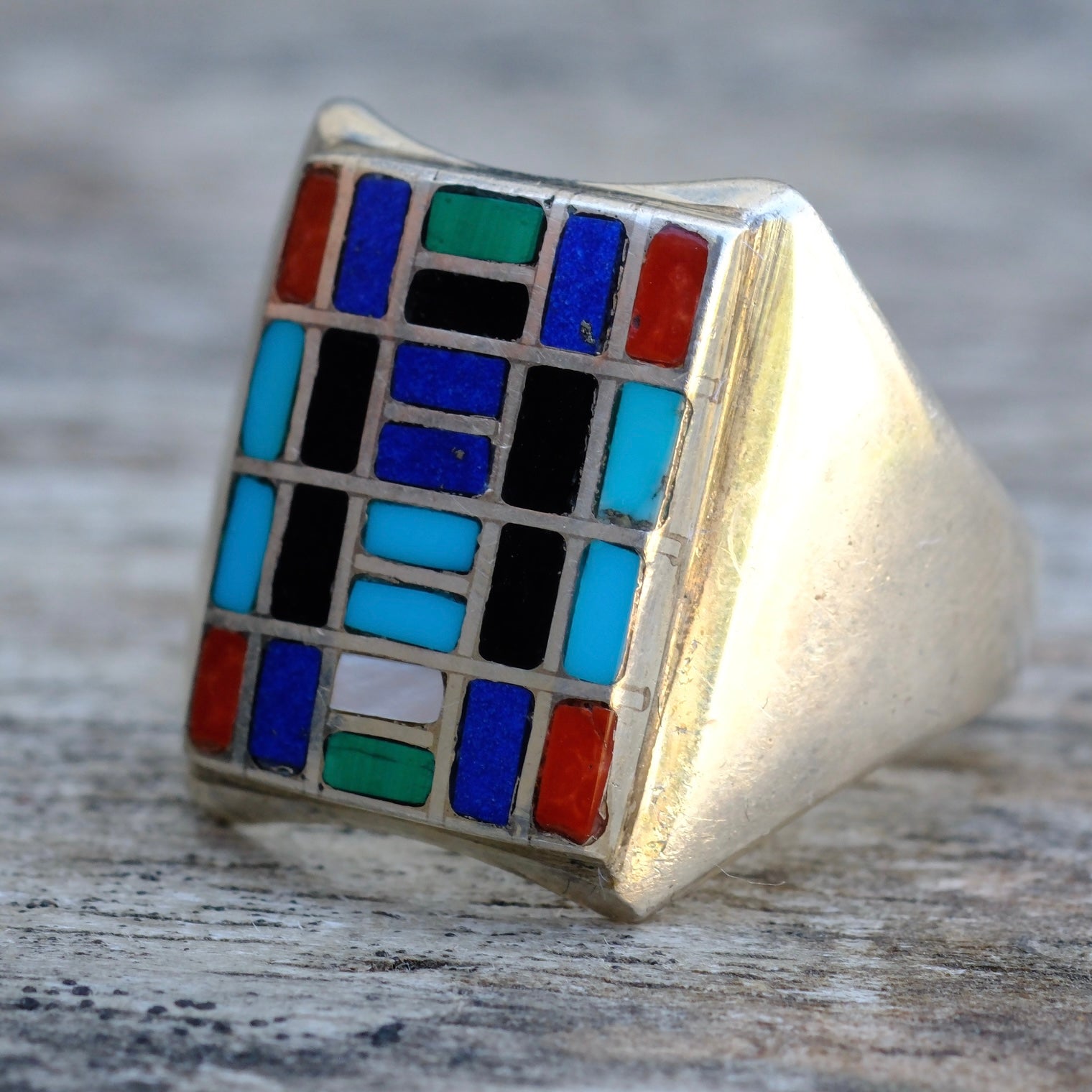 Vintage Sterling Multistone Inlay Panel Ring 8.5