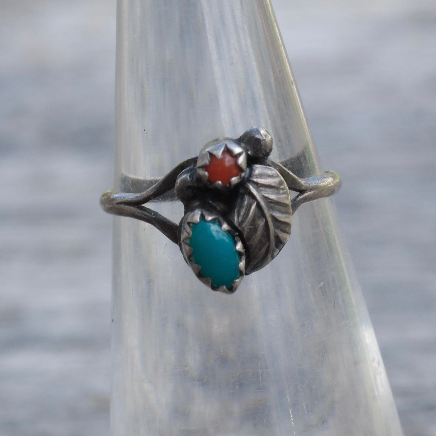 Vintage Sterling Turquoise and Coral Ring 3.75