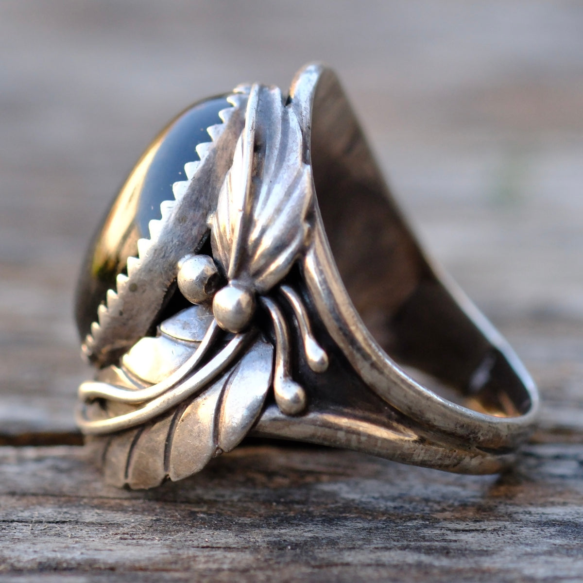 Vintage Sterling Onyx Feather Ring 8.75