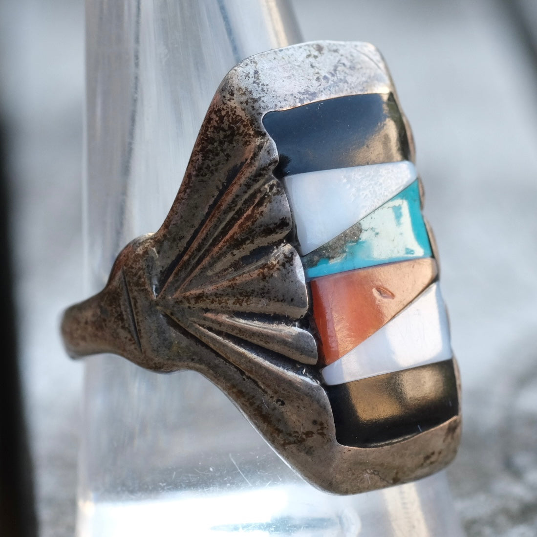 Vintage Sterling Zuni Inlay Ring 10.5