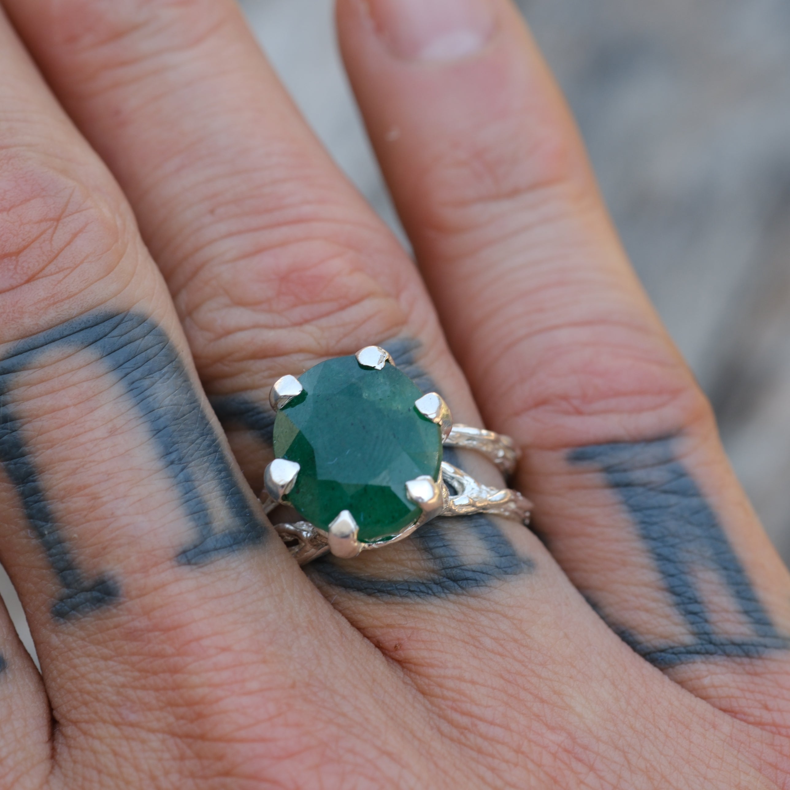Vintage Sterling Green Glass Ring 9