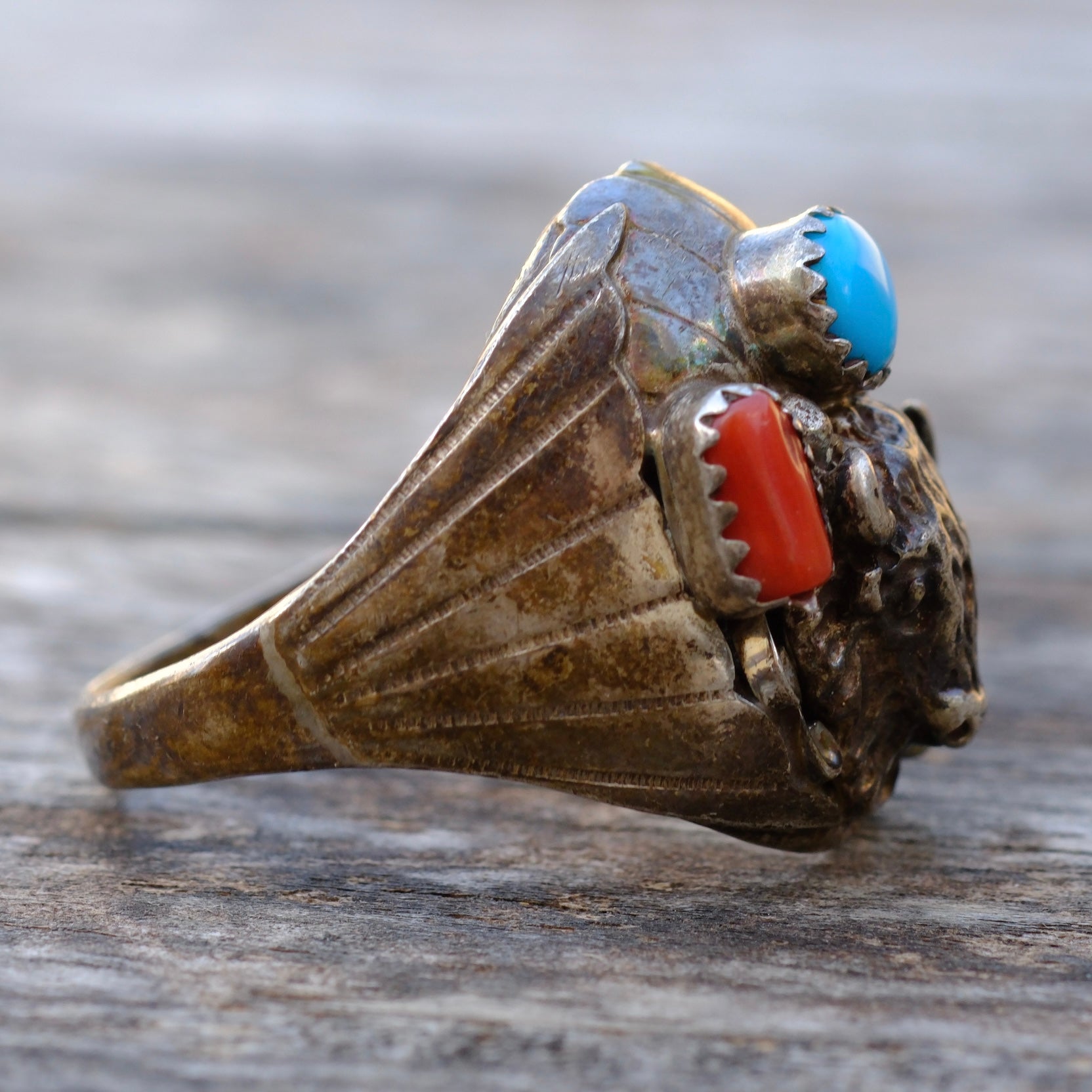 Vintage Sterling Turquoise and Coral Buffalo Ring 11.5