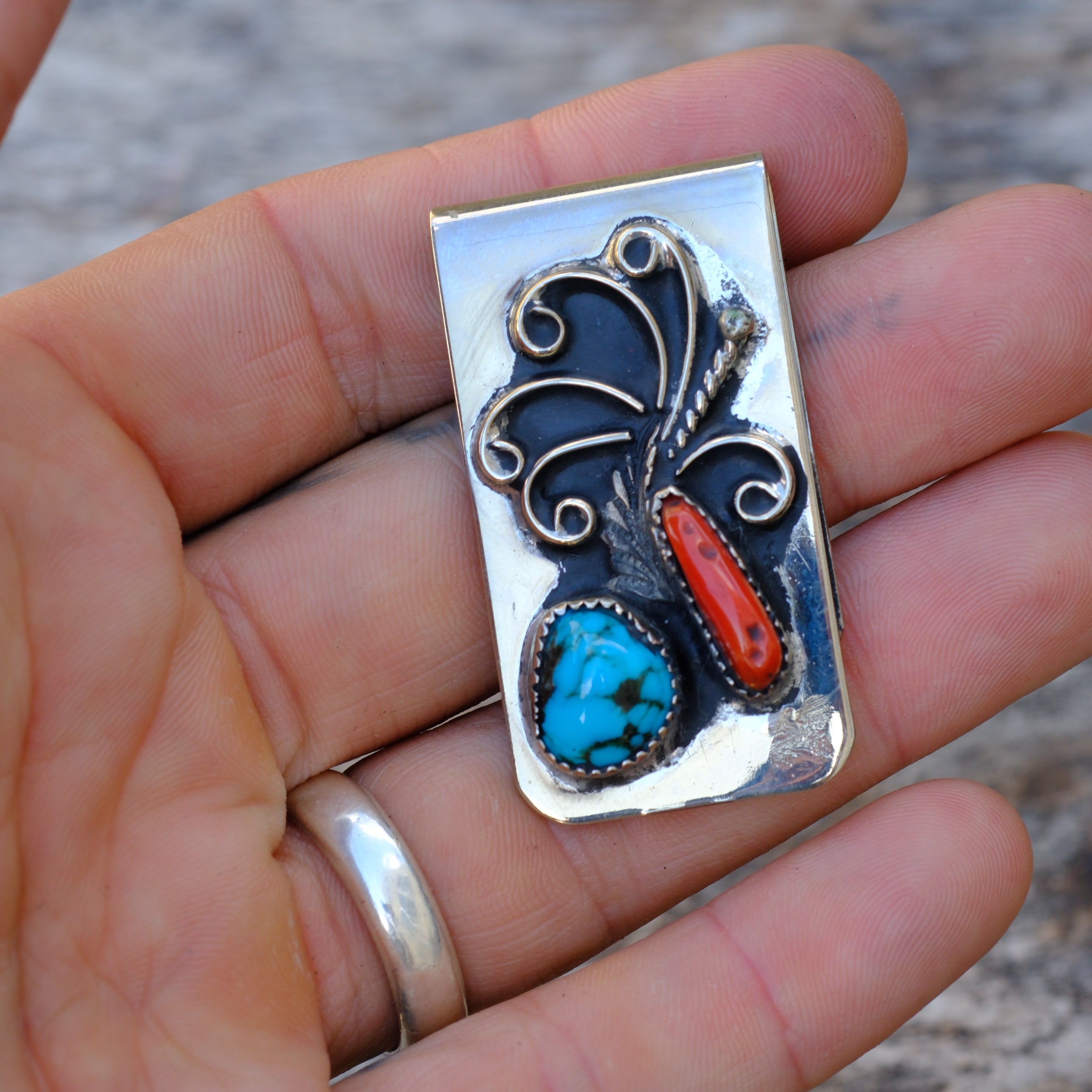 Vintage Turquoise and Coral Feather Money Clip