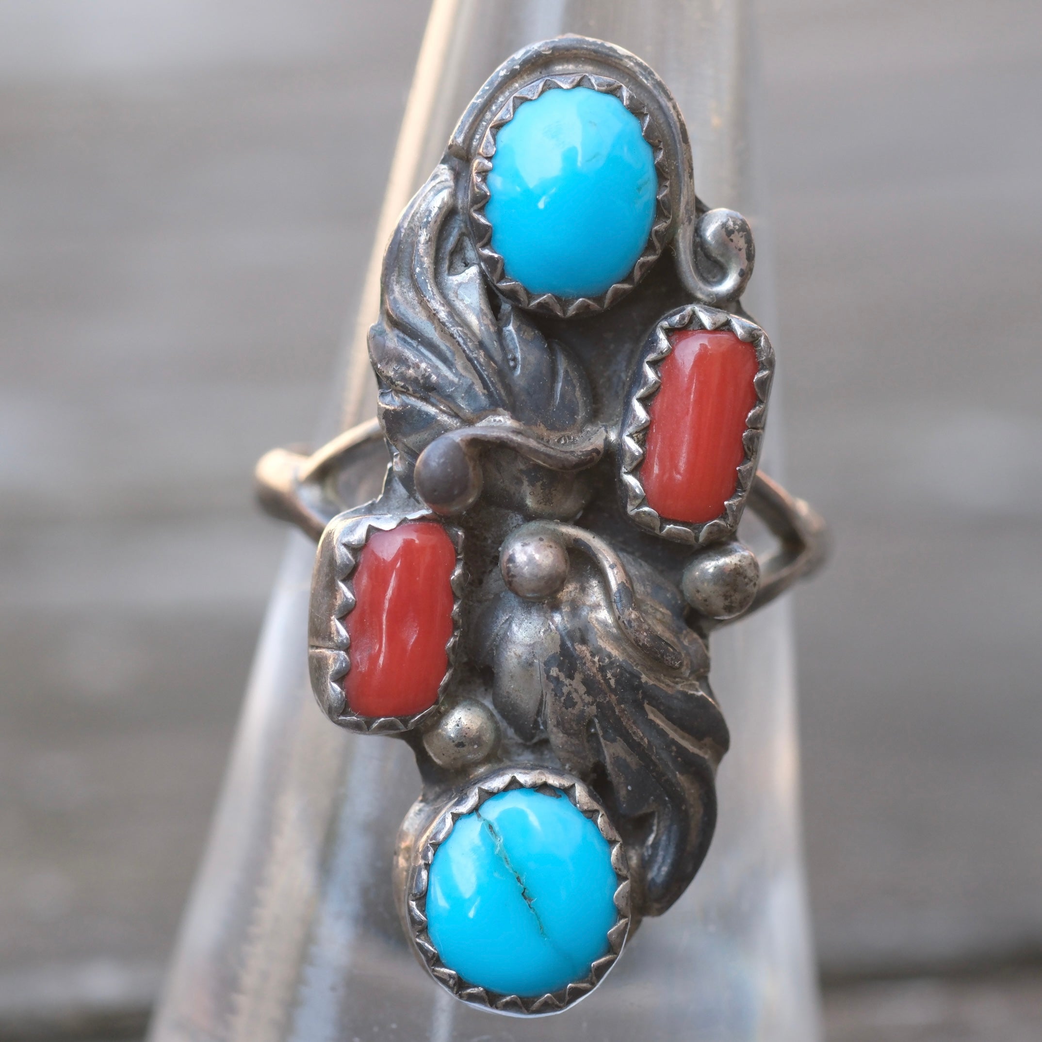Vintage Sterling Turquoise and Coral Feather Ring 6.75