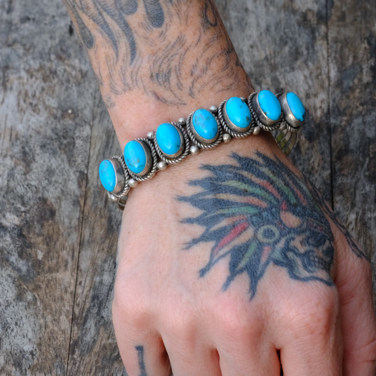 Vintage Sterling 7-Stone Turquoise Cuff Bracelet Running Bear