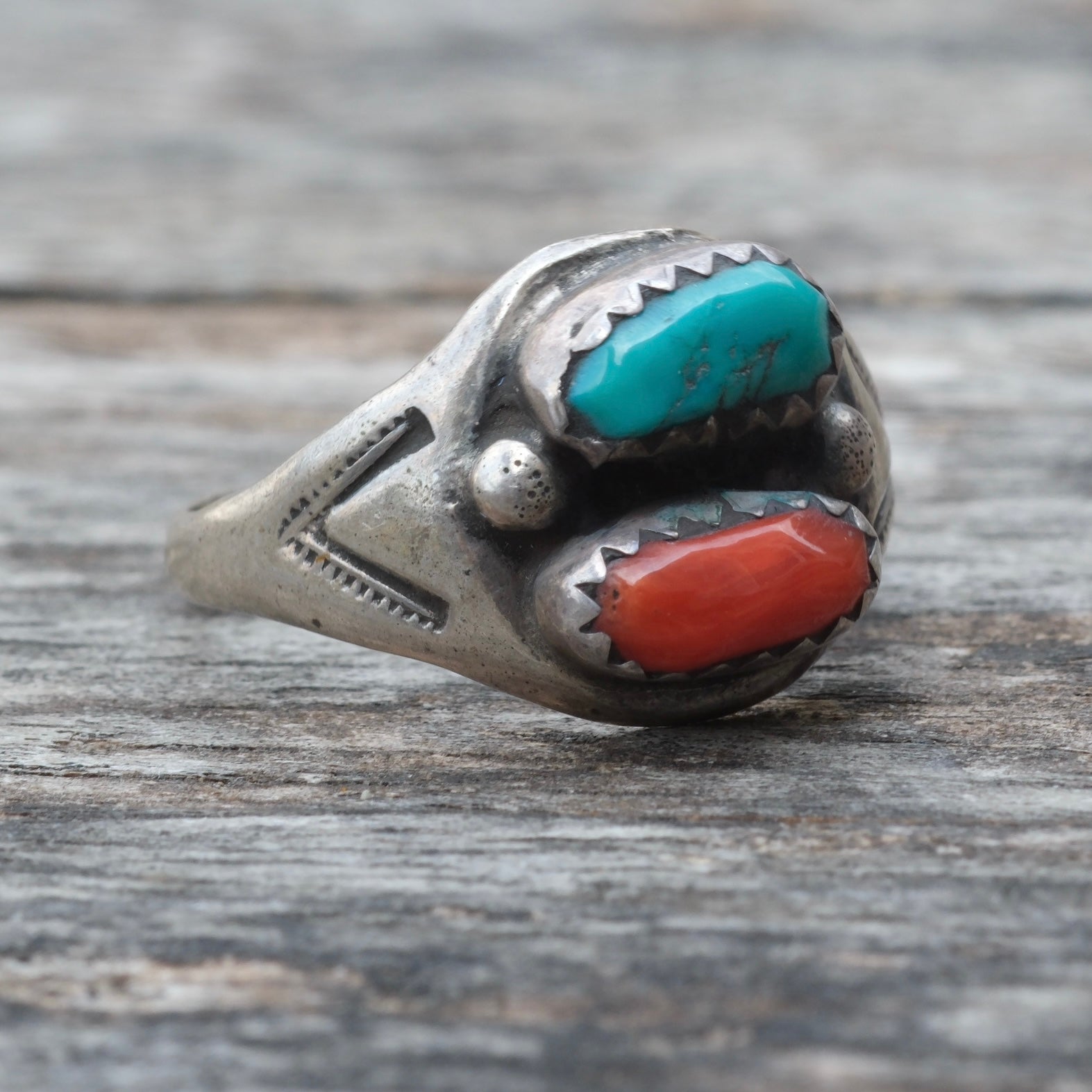Vintage Sterling Turquoise and Coral Ring 6.25