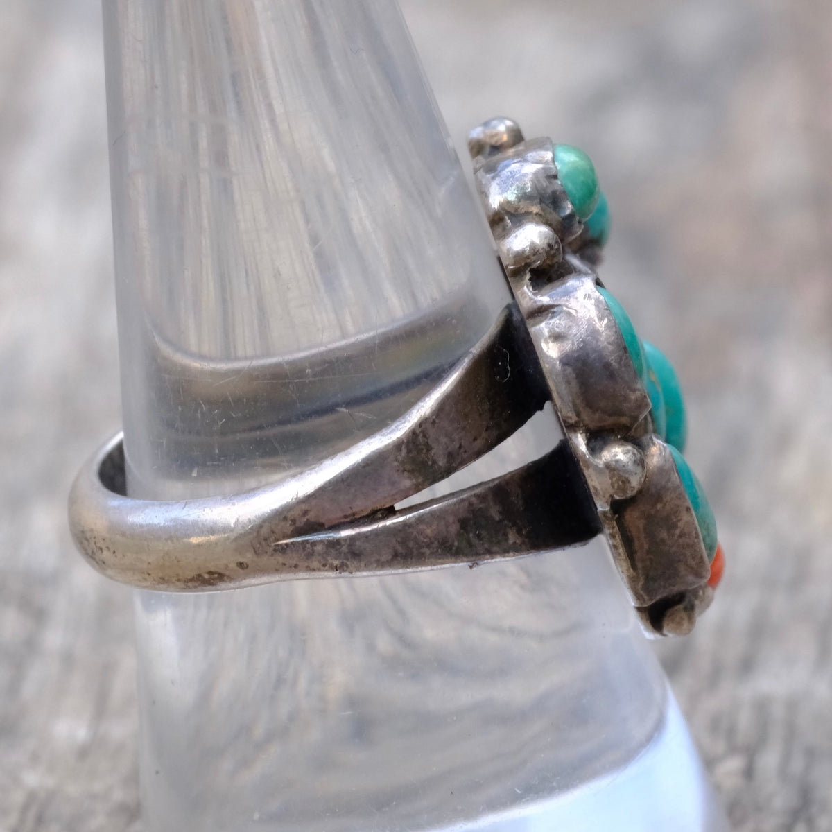 Vintage Sterling Turquoise and Coral Cluster Ring 8.75