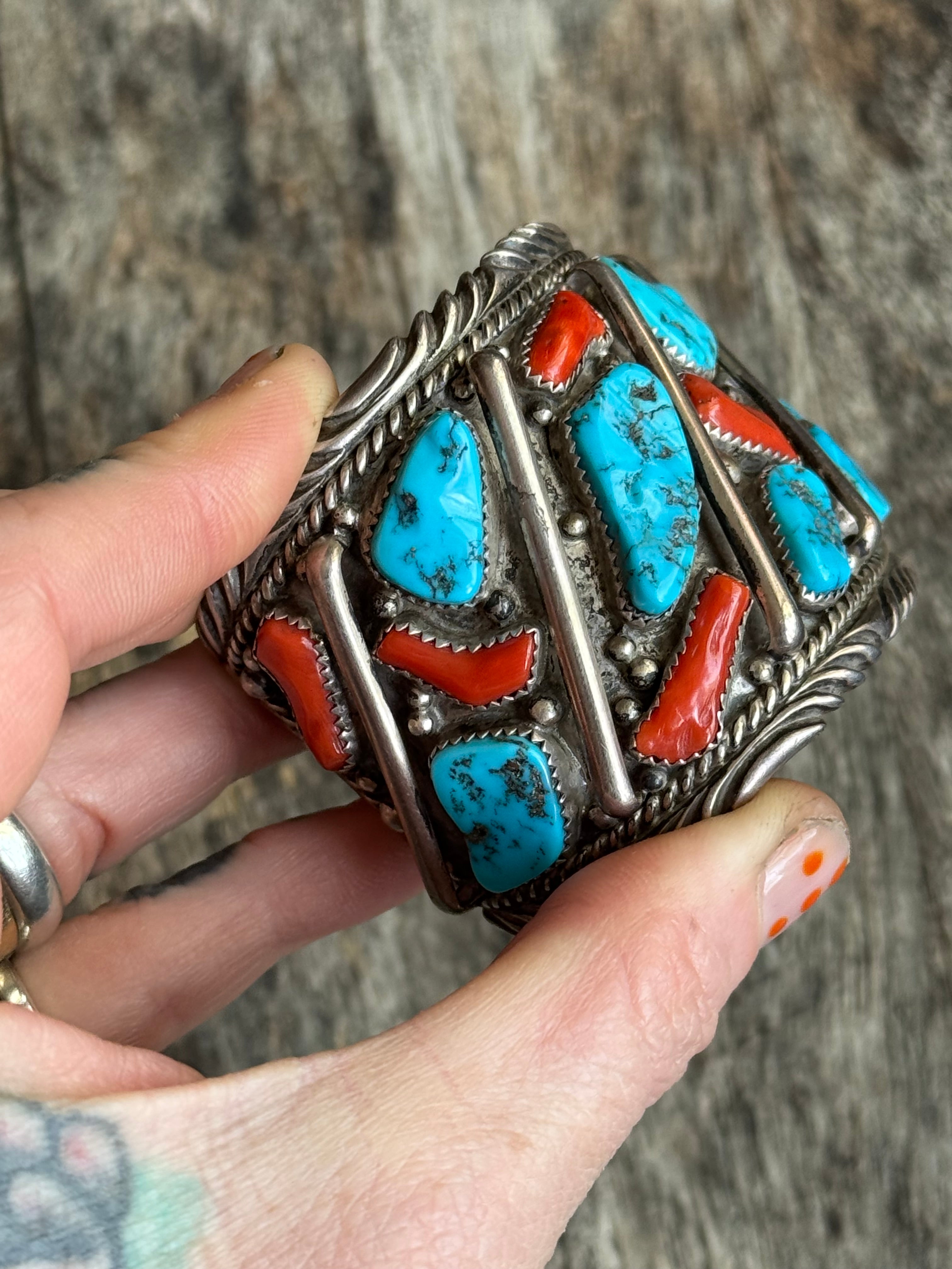 Vintage Sterling Silver Heavy Turquoise & Coral Roped Bar Cuff