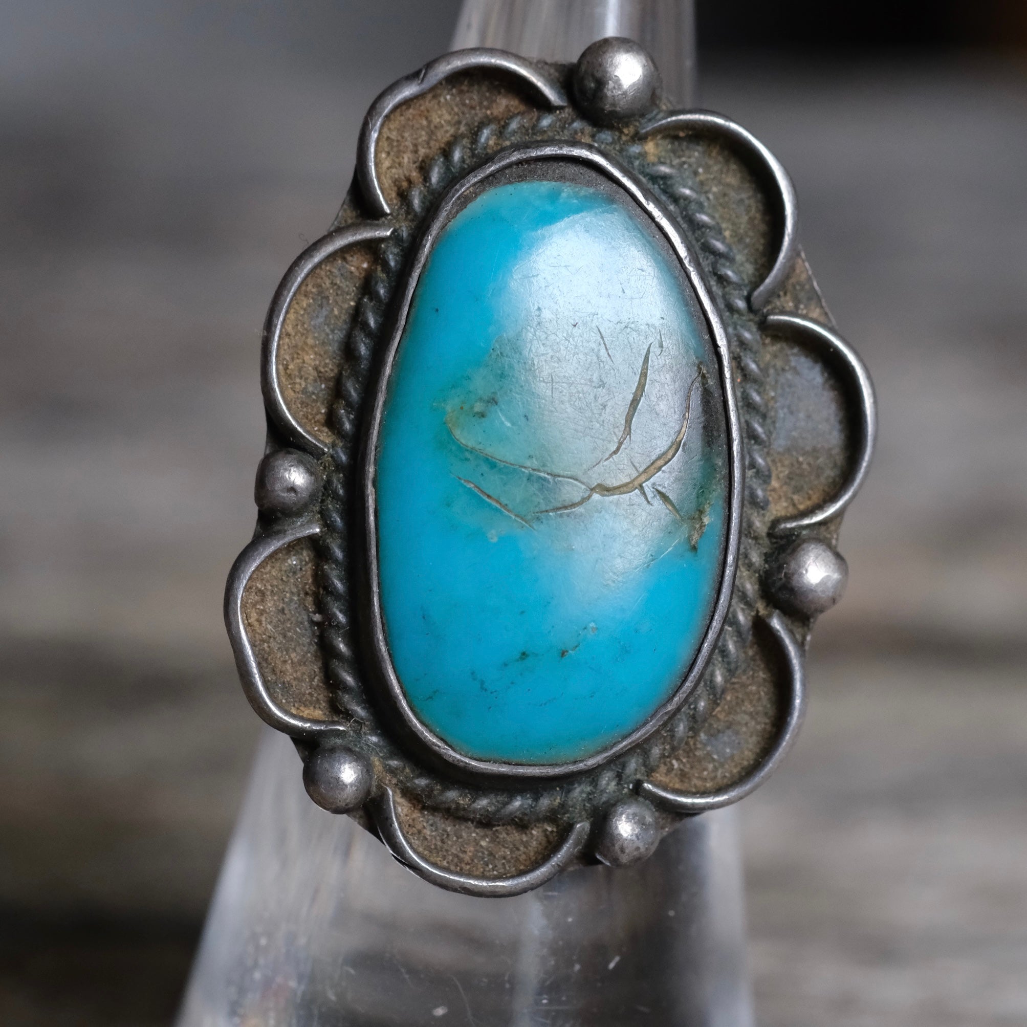 Vintage Sterling Turquoise Florette Ring 4.5
