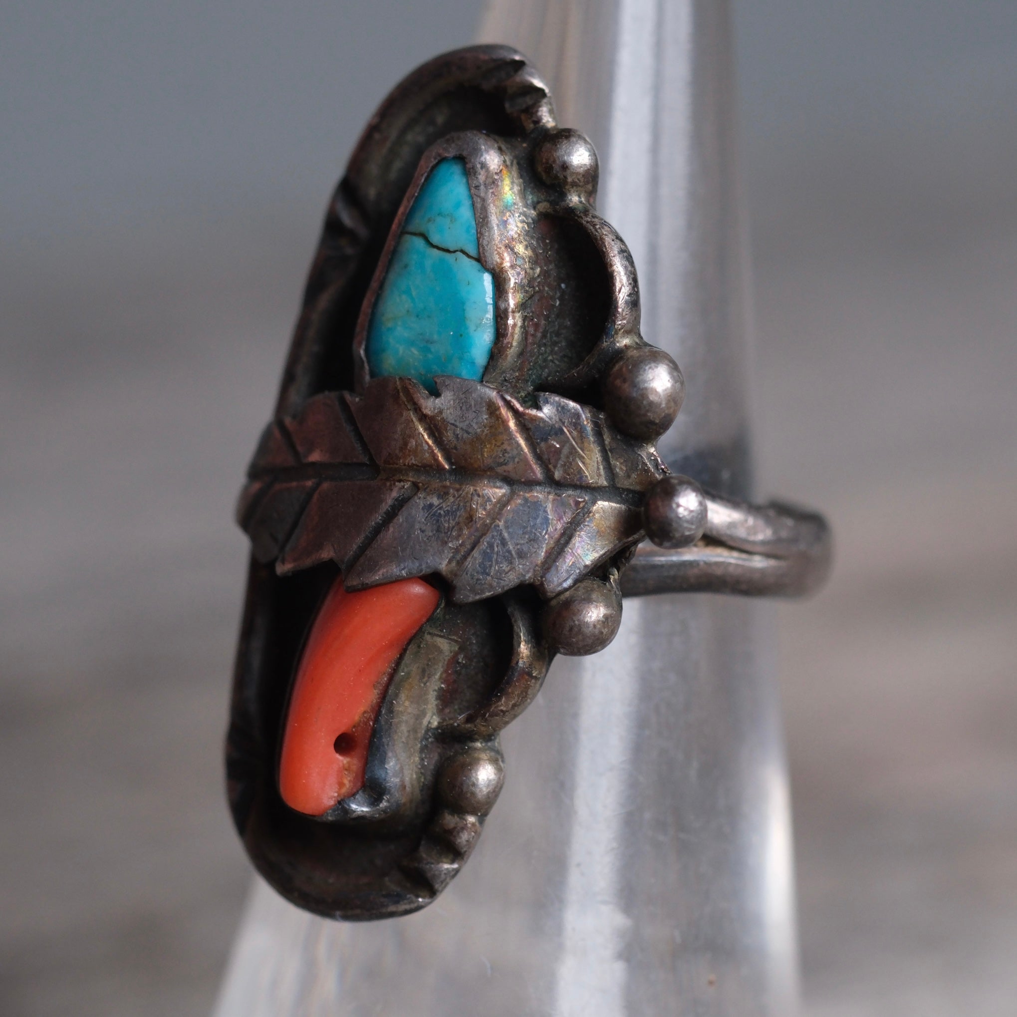 Vintage Sterling Turquoise and Coral Feather Ring 5.25