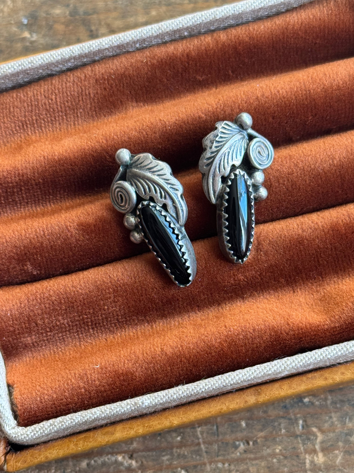 Vintage Sterling Silver Onyx Feather Earrings