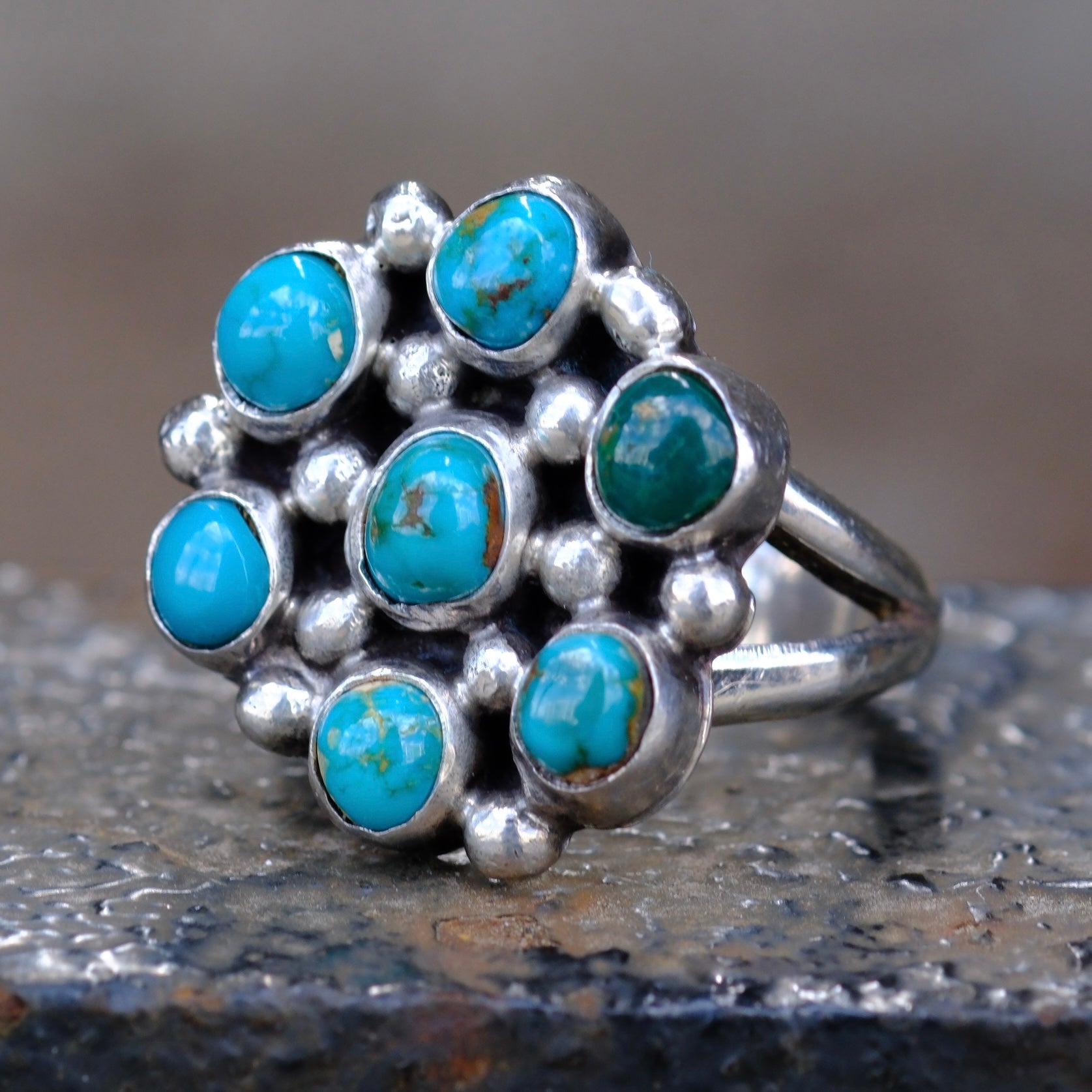 Vintage Sterling Turquoise Cluster Ring 7.25