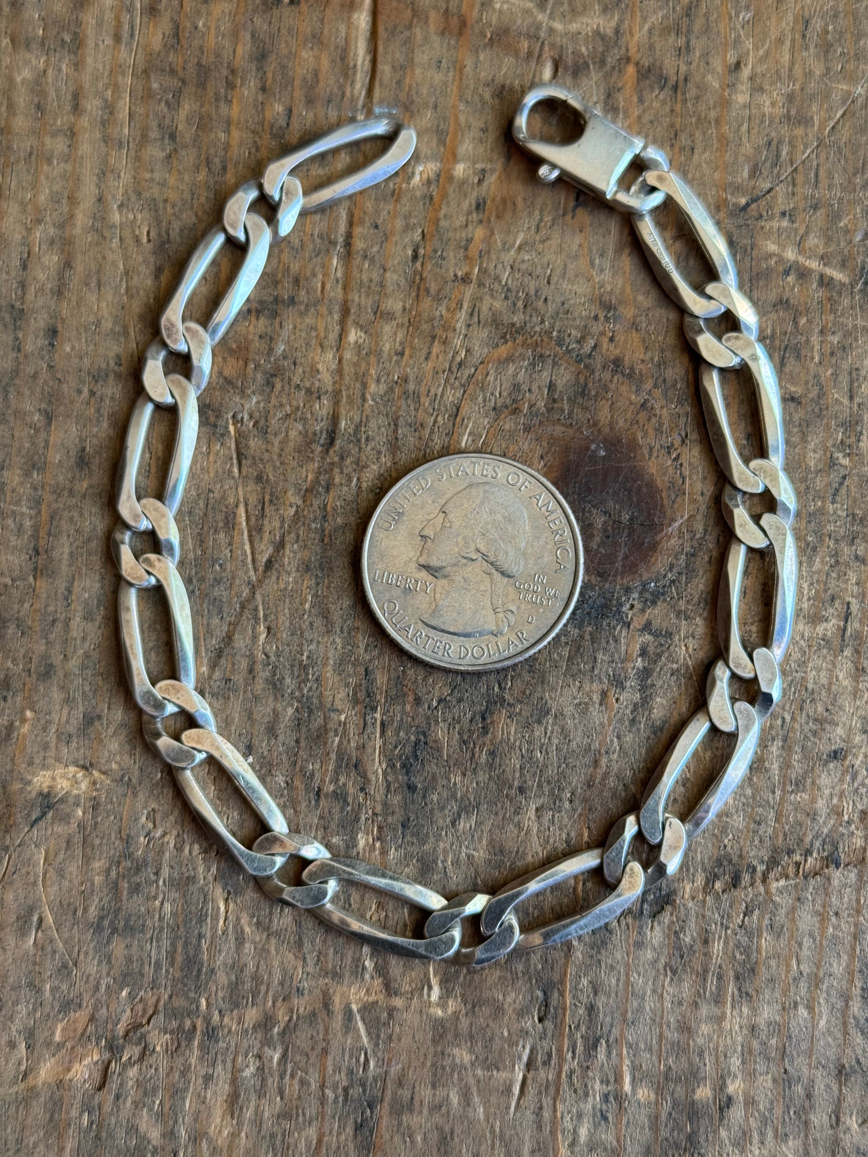 Vintage Sterling Silver Chunky Figaro Chain Bracelet 9.25"