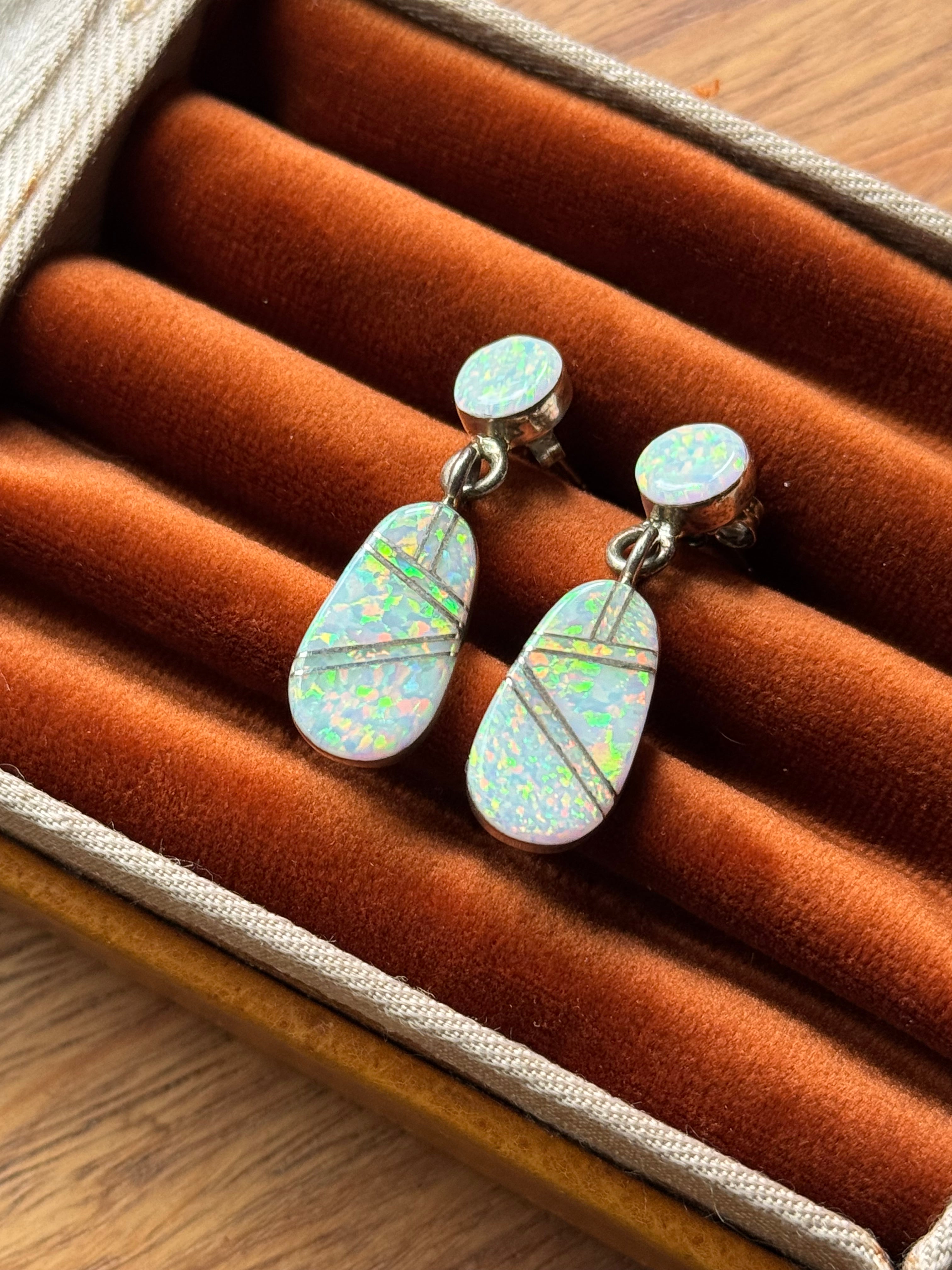 Vintage Sterling Silver Opalite Inlay Earrings