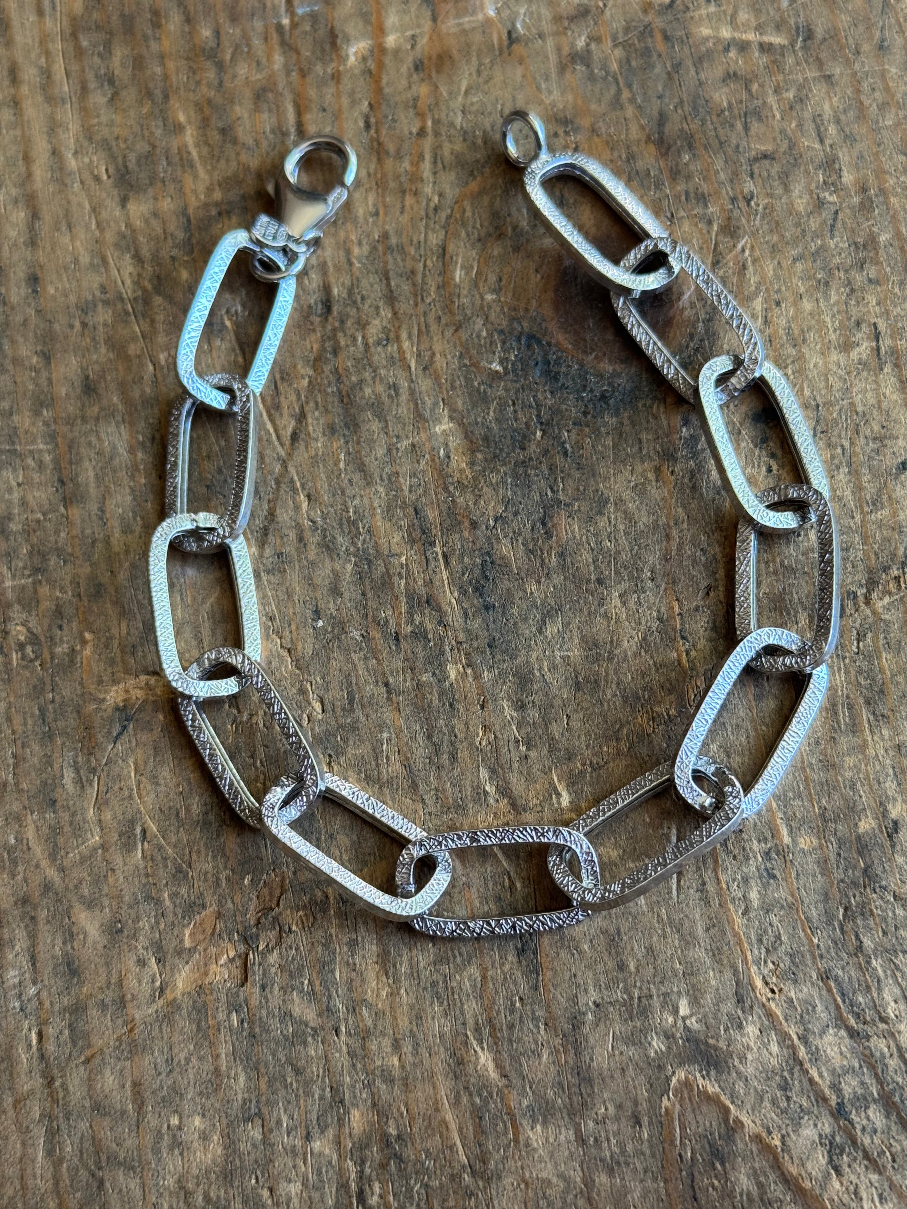 Vintage Sterling Silver Textured Square Oval Link Bracelet 8.5"