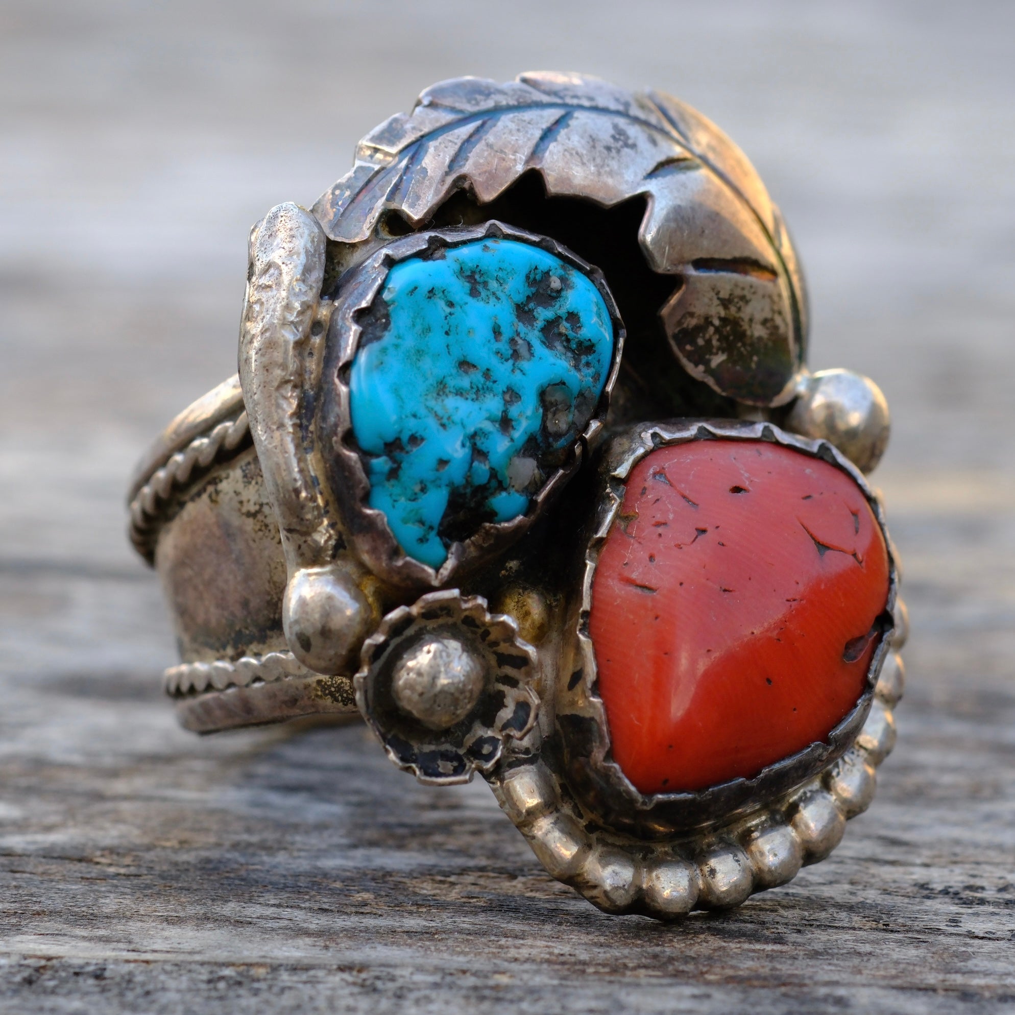 Vintage Sterling Turquoise and Coral Feather Ring 11.75
